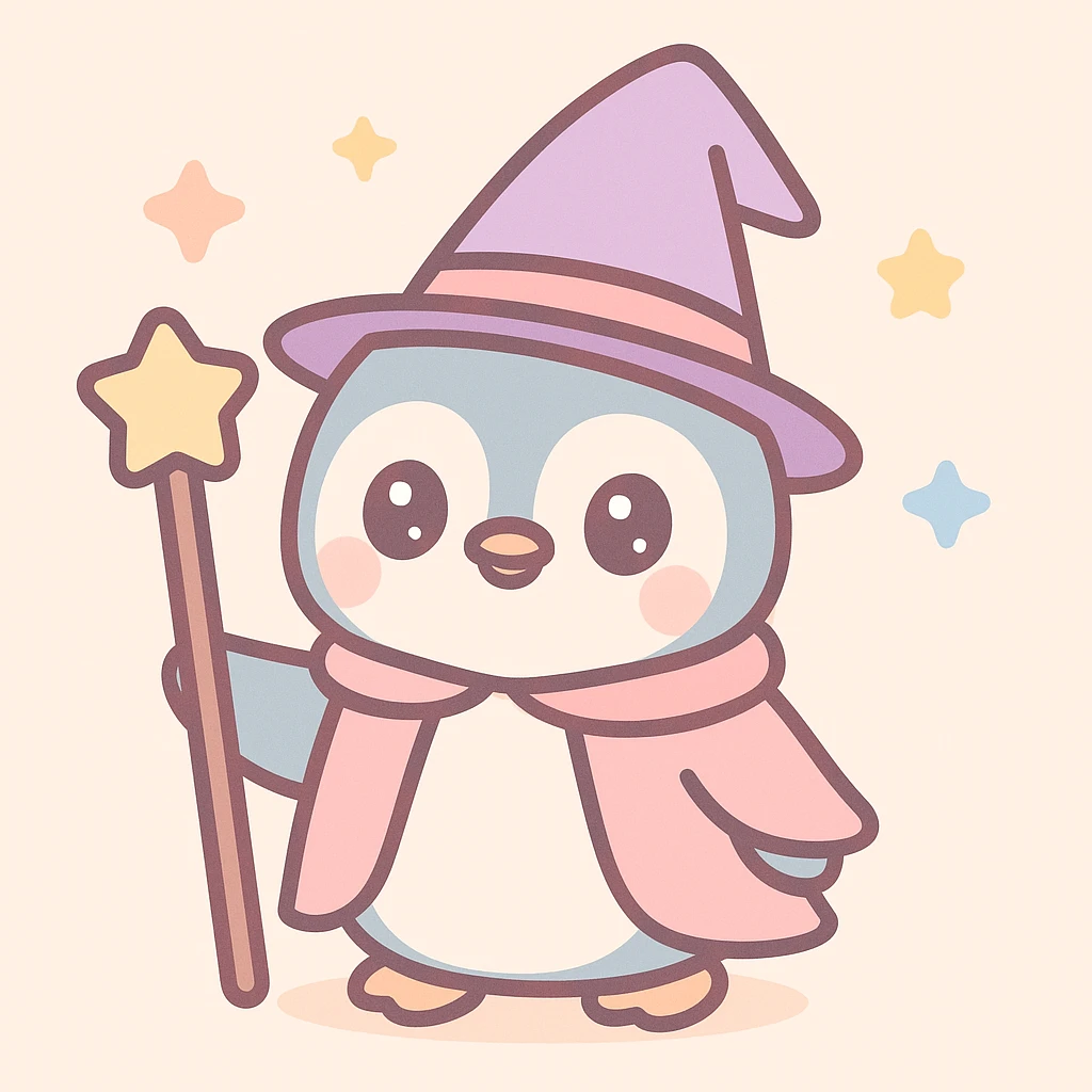 a penguin dressed as a wizard, with a pointy hat and a magic staff, in a charming, colorful kawaii style emoji