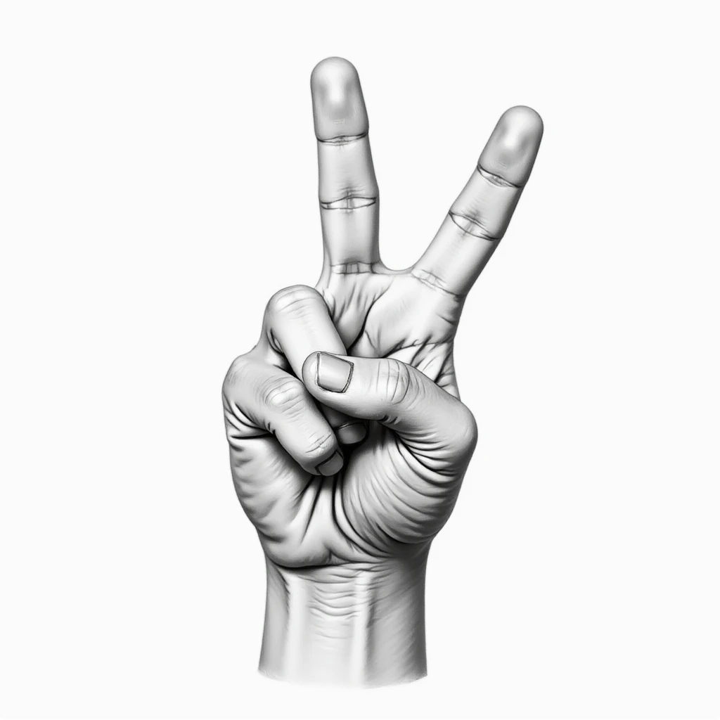 close-up, realistic drawing of a hand demonstrating the sign for the letter R in sign language, with crossed fingers, visible skin texture emoji