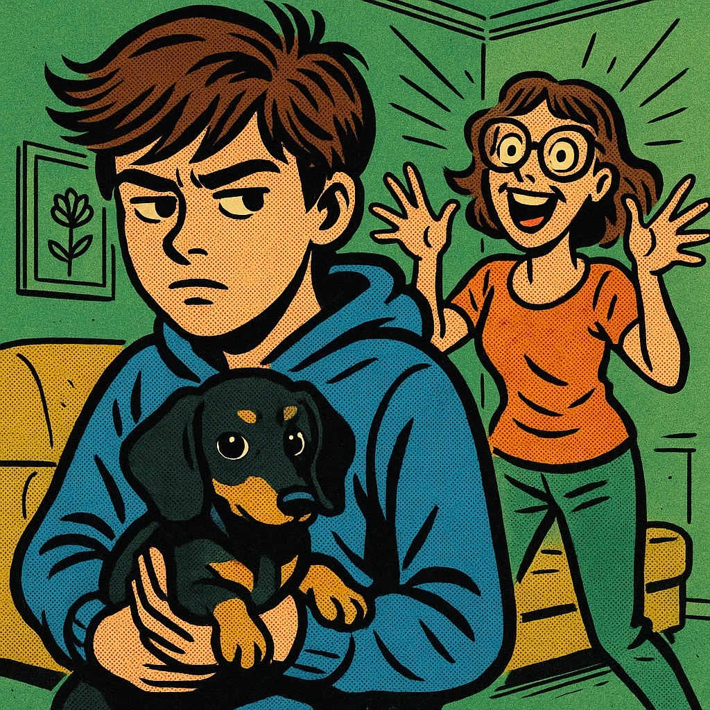 A modern day teenager with brown hair wearing a blue hoodie with a black and tan puppy dachshund in a green living room with a happy crazy mum with brown hair wearing big glasses in the background emoji