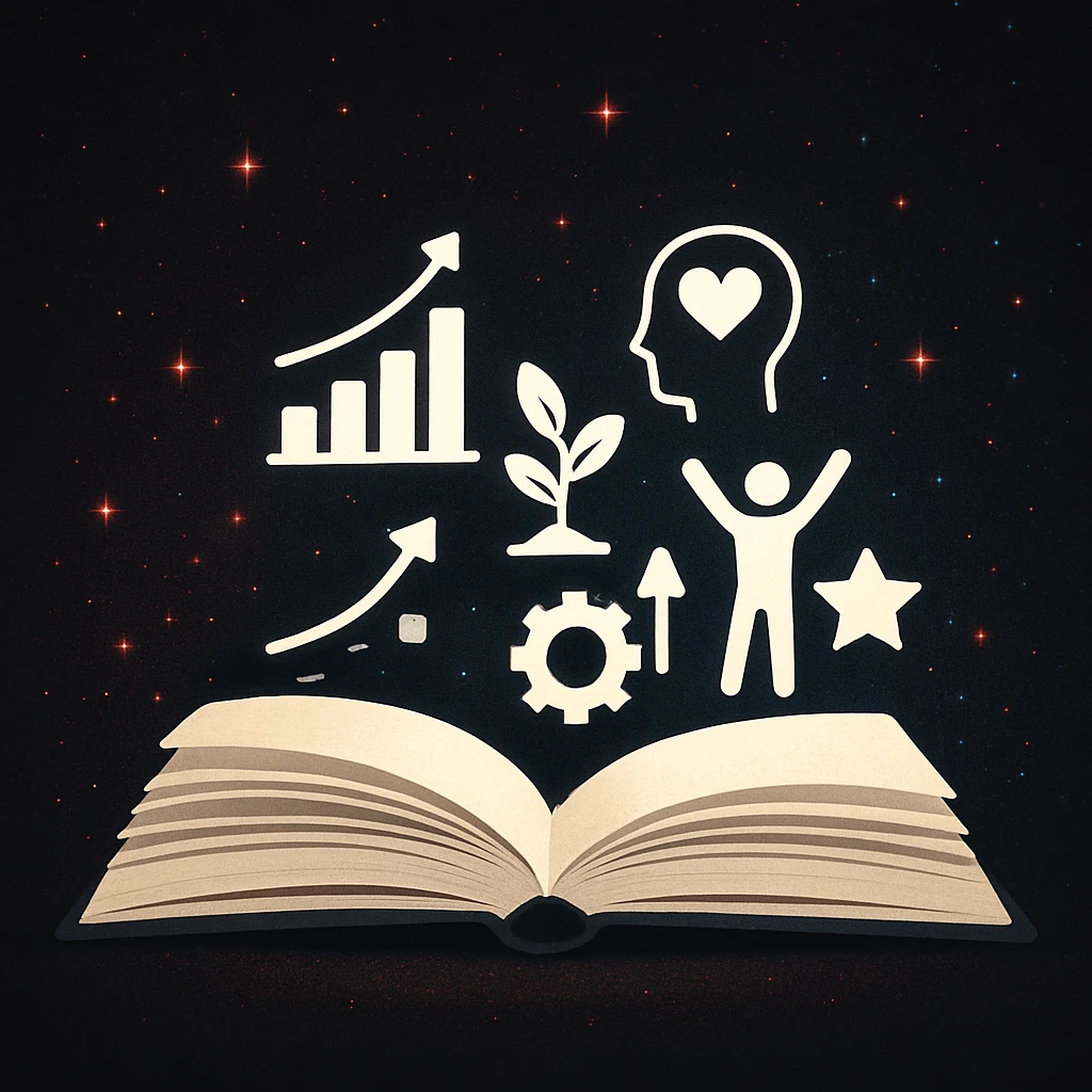 open book with red and dark blue sparkles, black background, life improvement elements in white emoji