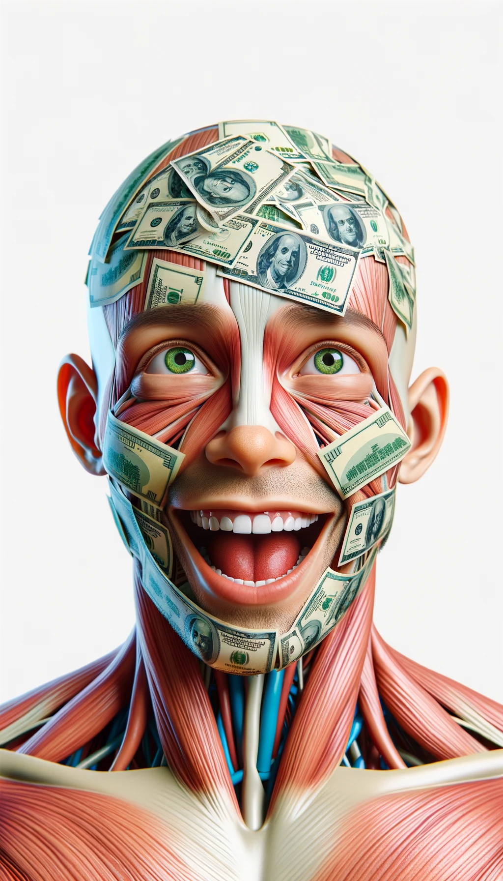 corpo umano anatomico sereno e felice con una montagna di banconote davanti al viso, espressione stupita, iperrealistica 4k, isolato su sfondo bianco emoji