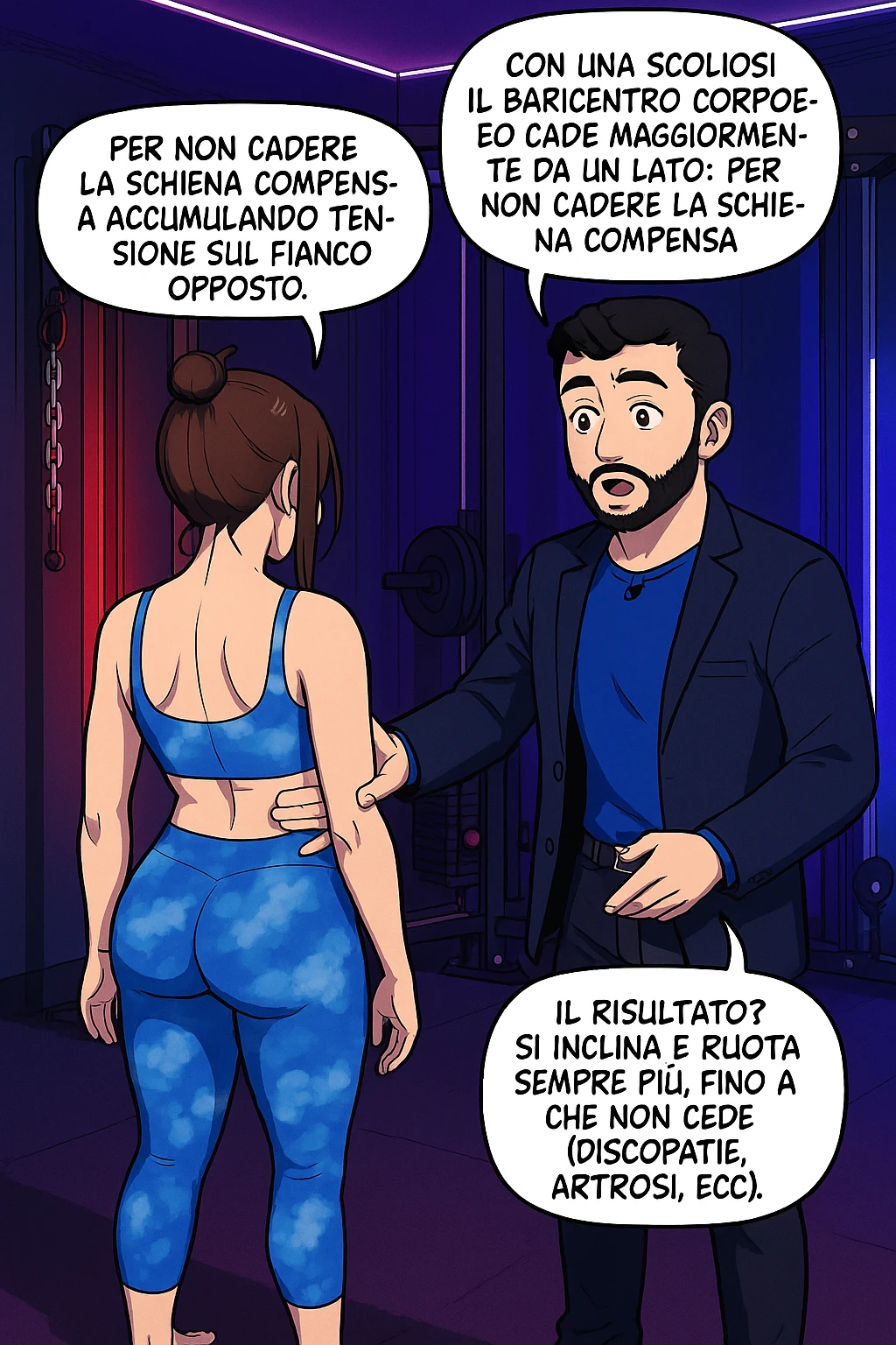 fai questa immagine in versione manga/webtoon a colori, il manga mostra la donna di spalle, mentre l'uomo le tocca la spina dorsale per spiegarle come funziona la scoliosi:
Con una scoliosi il baricentro corporeo cade maggiormente da un lato; per non cadere la schiena compensa accumulando tensione sul fianco opposto.
Il risultato? Si inclina e ruota sempre più, fino a che non cede (discopatie, artrosi, ecc) emoji