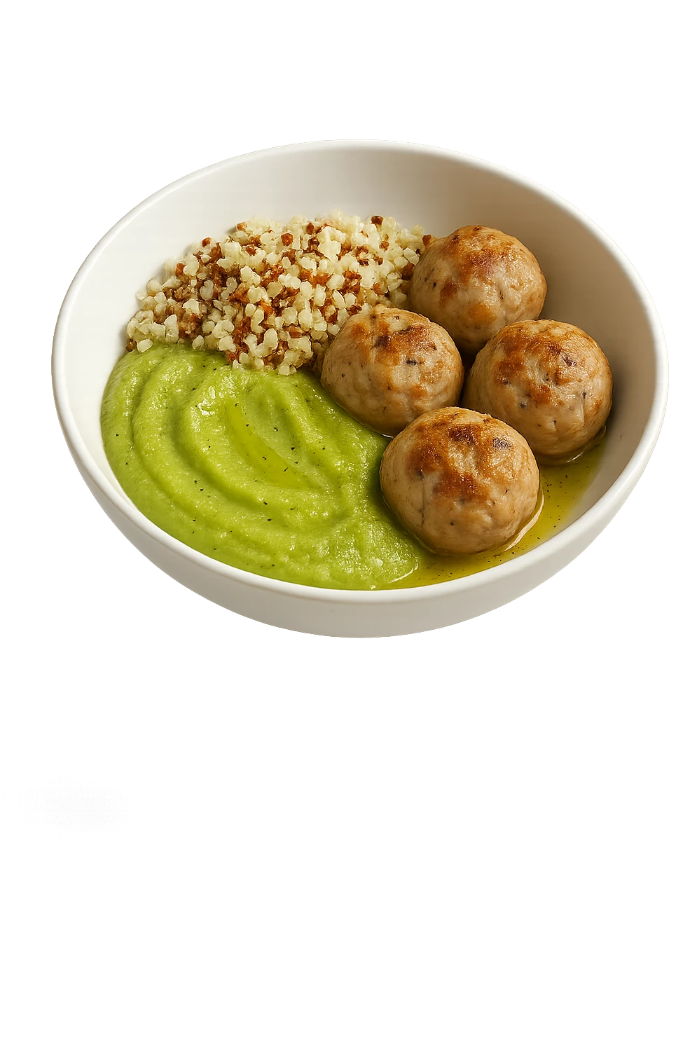 bowl bianca fluttua in aria con polpette di tacchino, purè di zucchine, quinoa e olio di oliva, iperrealistico 4k emoji