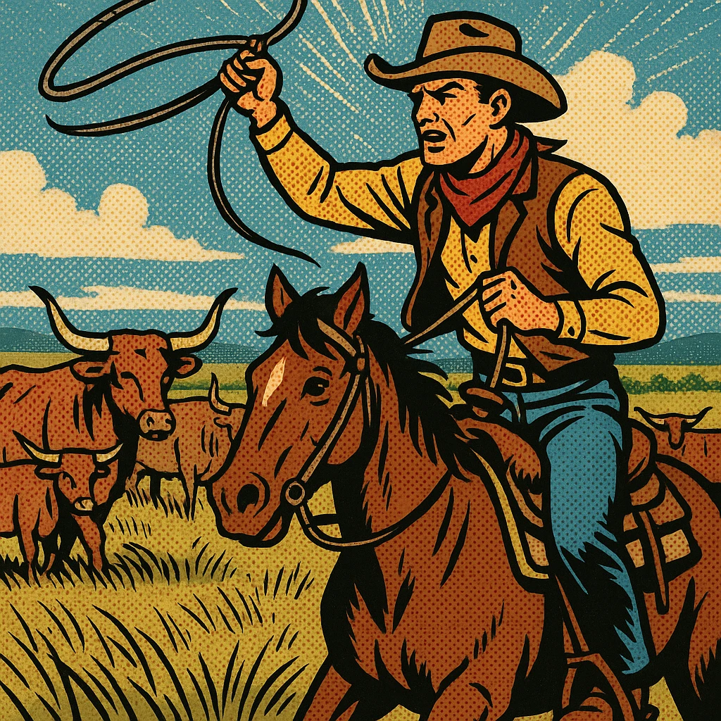 An American West cowboy on his horse on a cattle drive.  In the background are texas longhorn cattle and the grasslands of the Great Plains. emoji