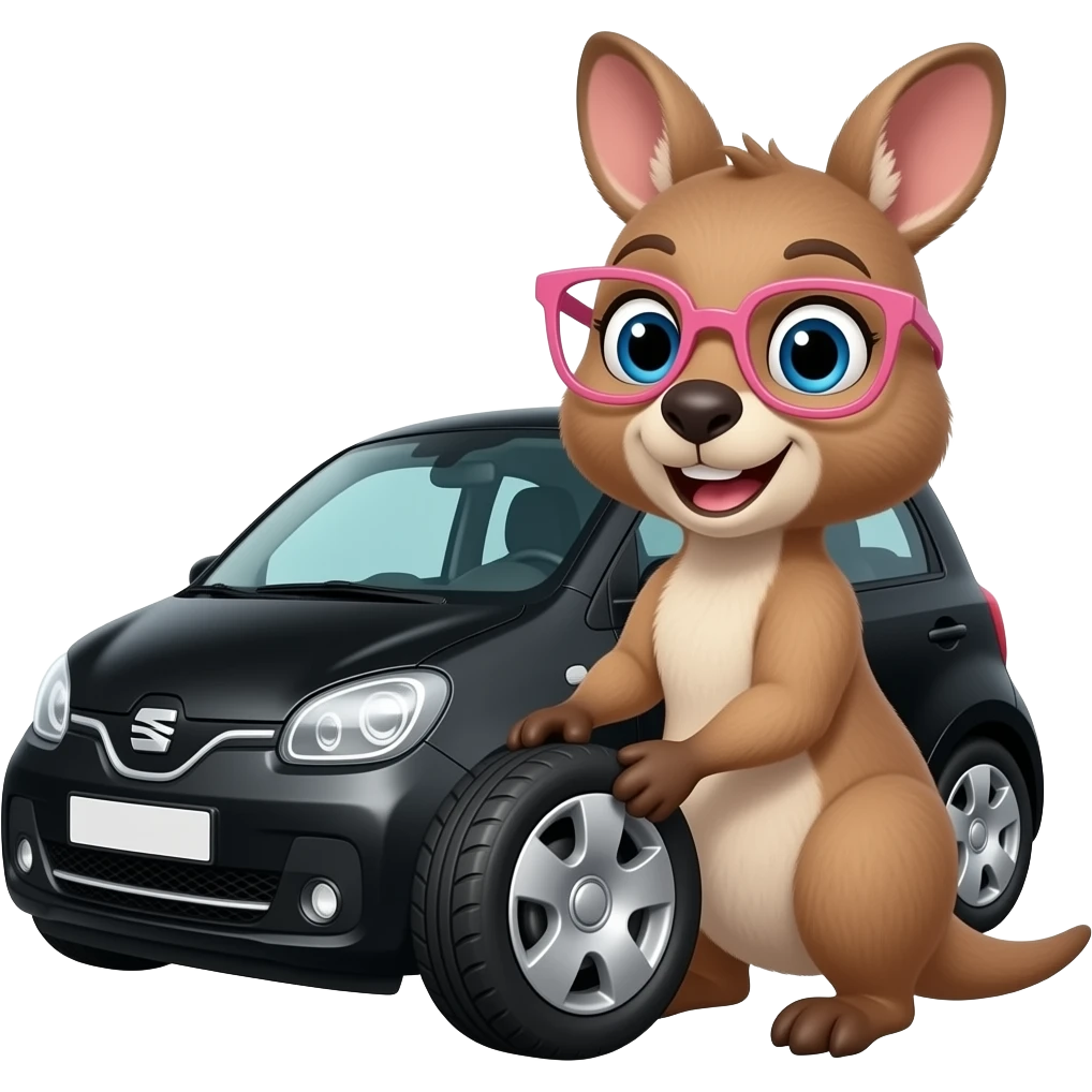 A quokka girl with pink glasses happily changing a wheel on her small black car Seat Mii in spring emoji