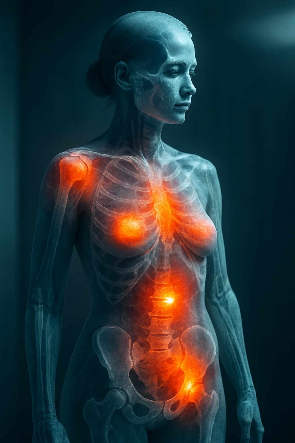 3D medical scanner view of female body with realistically highlighted inflamed areas in red and orange, anatomical details, dramatic clinical lighting, medical atmosphere, 2:3 aspect ratio emoji
