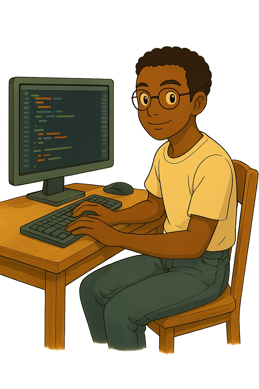 Remove the background, leaving only the main character, his desk, and his computer in Ghibli style with a transparent background. emoji