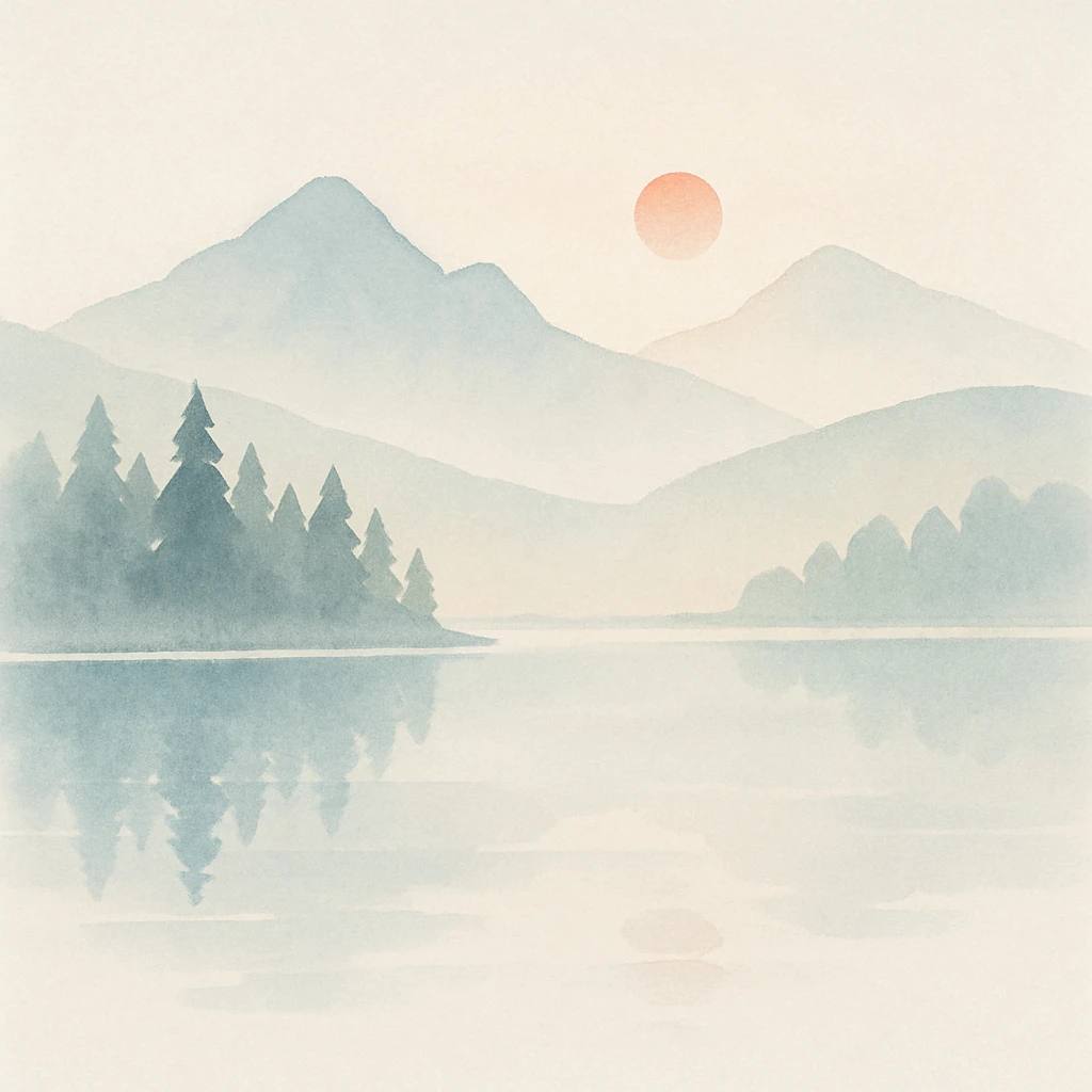 tranquil watercolor scene of a mountain lake at sunrise, soft colors and misty atmosphere emoji