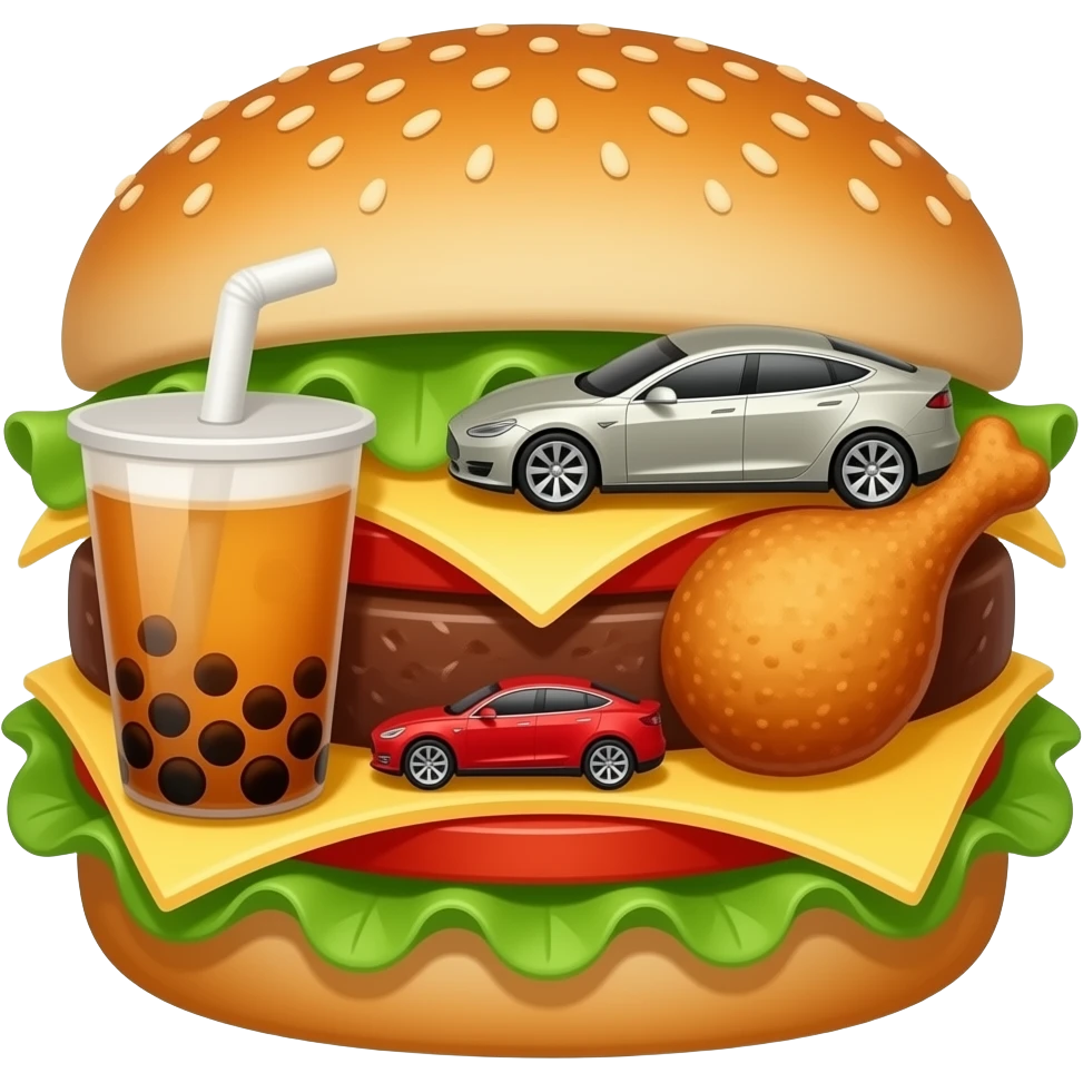 boba tea, tesla and fried chicken in a sandwhich emoji