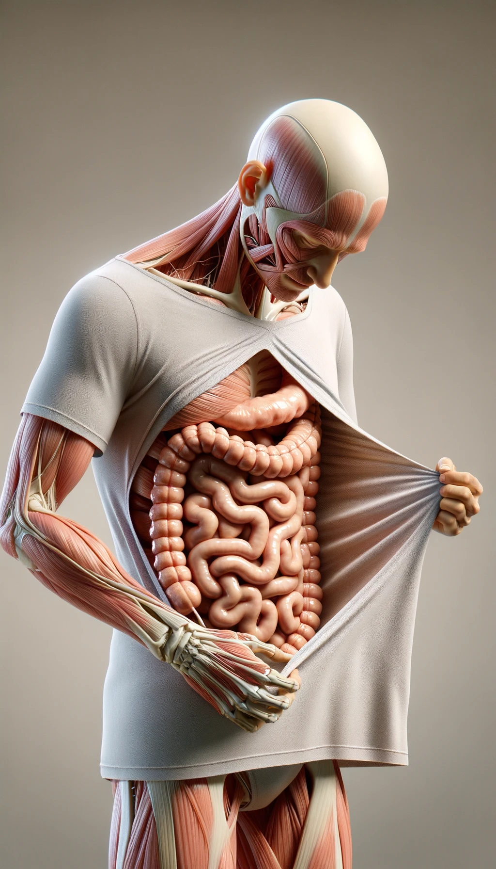 CORPO UMANO ANATOMICO CON INTESTINO UMANO ANATOMICO IN EVIDENZA CHE INDOSSA UNA MAGLIA SINTETICA, SI AFFERRA LA MAGLIA PER OSSERVARLA MEGLIO CON ESPRESSIONE DUBBIOSA IN VOLTO, SFONDO CHIARO NEUTRO, iperrealistico 4k emoji