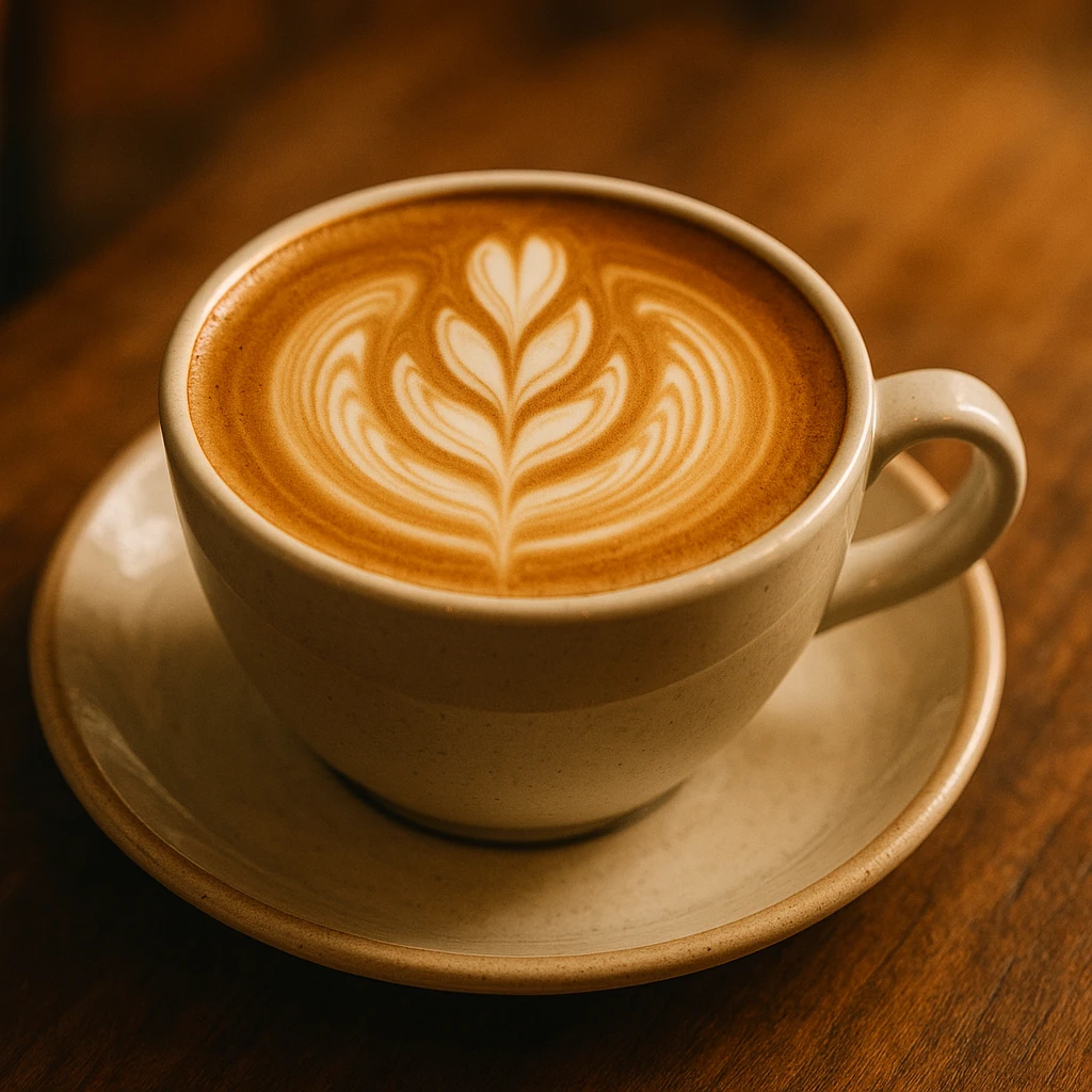 a beautiful coffee latte, classic style, creamy foam art, warm and inviting atmosphere emoji