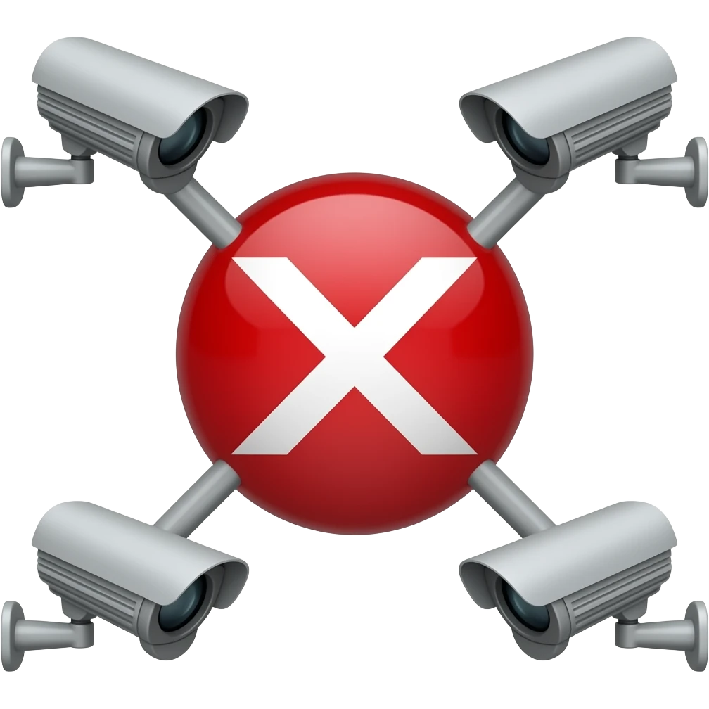 Red filled circle with white X, CCTV on end points of X emoji