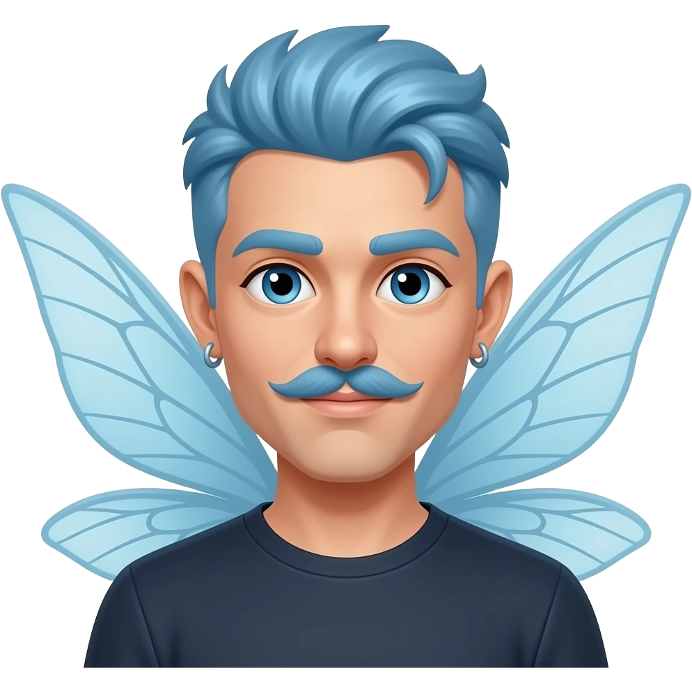 fairy face with very blue hair, man, fairy wings sticking out behind head, and earrings and mustache emoji