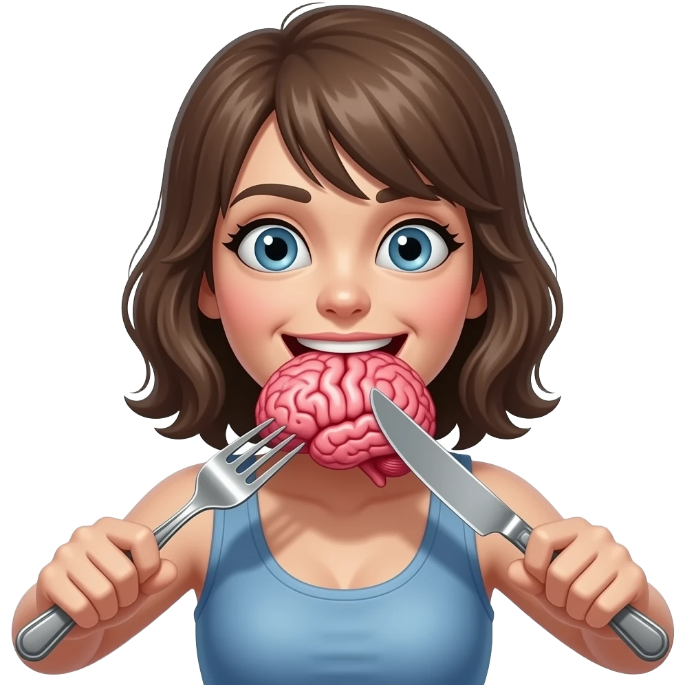 Girl zombiee eating his brains no smile bigger brain with fork and knife emoji