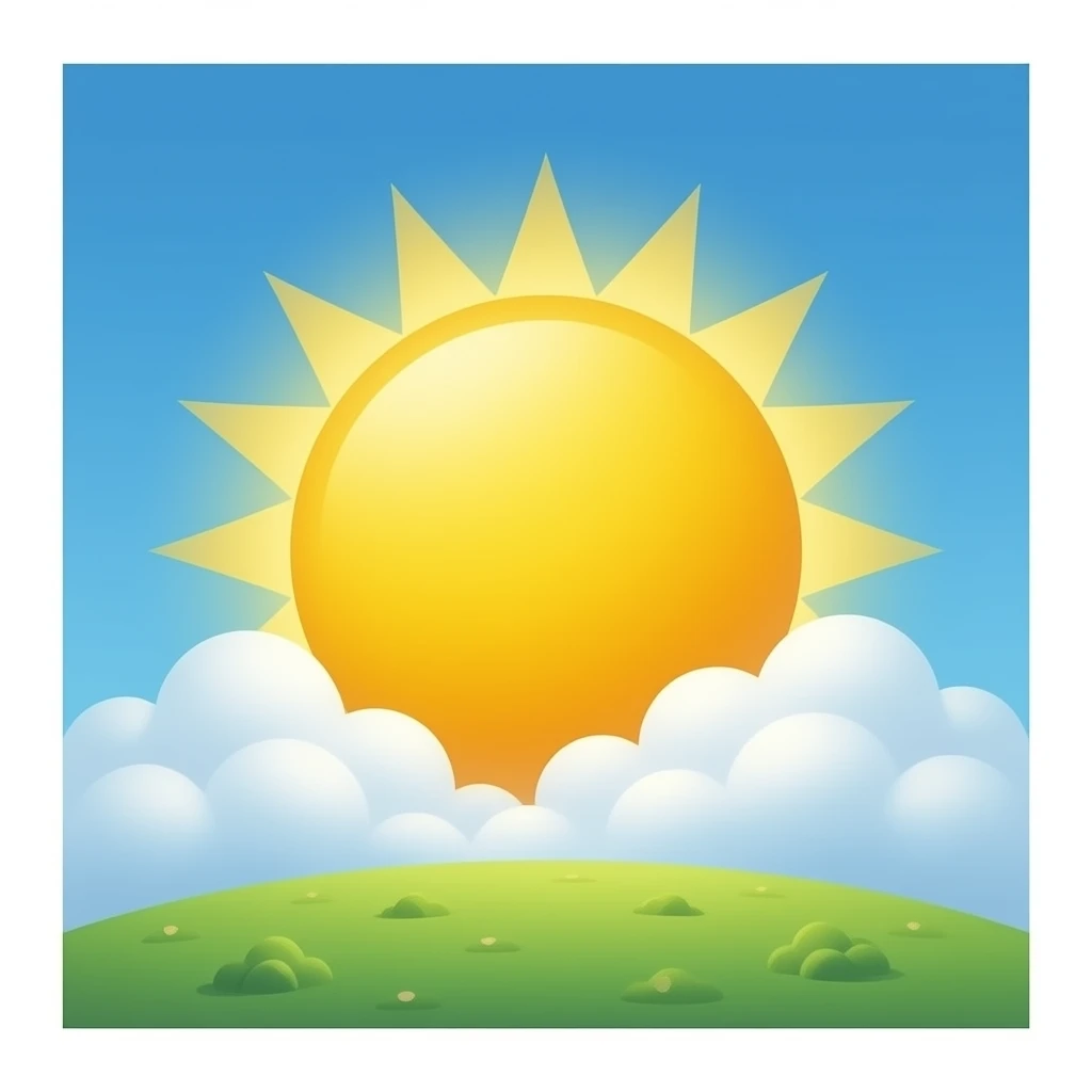 нарисуй солнце реалистичное с длинными лучами с облаком в 3d стиле emoji