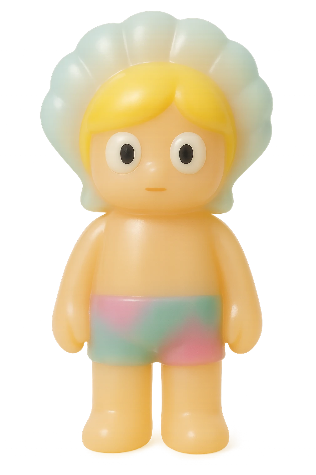 贝壳, retro 90's toy style, very transparent and slightly see-through, natural tan skin, blonde hair, colorful shorts, large white eyeballs with small black pupils, soft plastic texture, soft reflections, soft and squishy, some cloudiness, not shiny, highly detailed, appealing, no tag, no background emoji