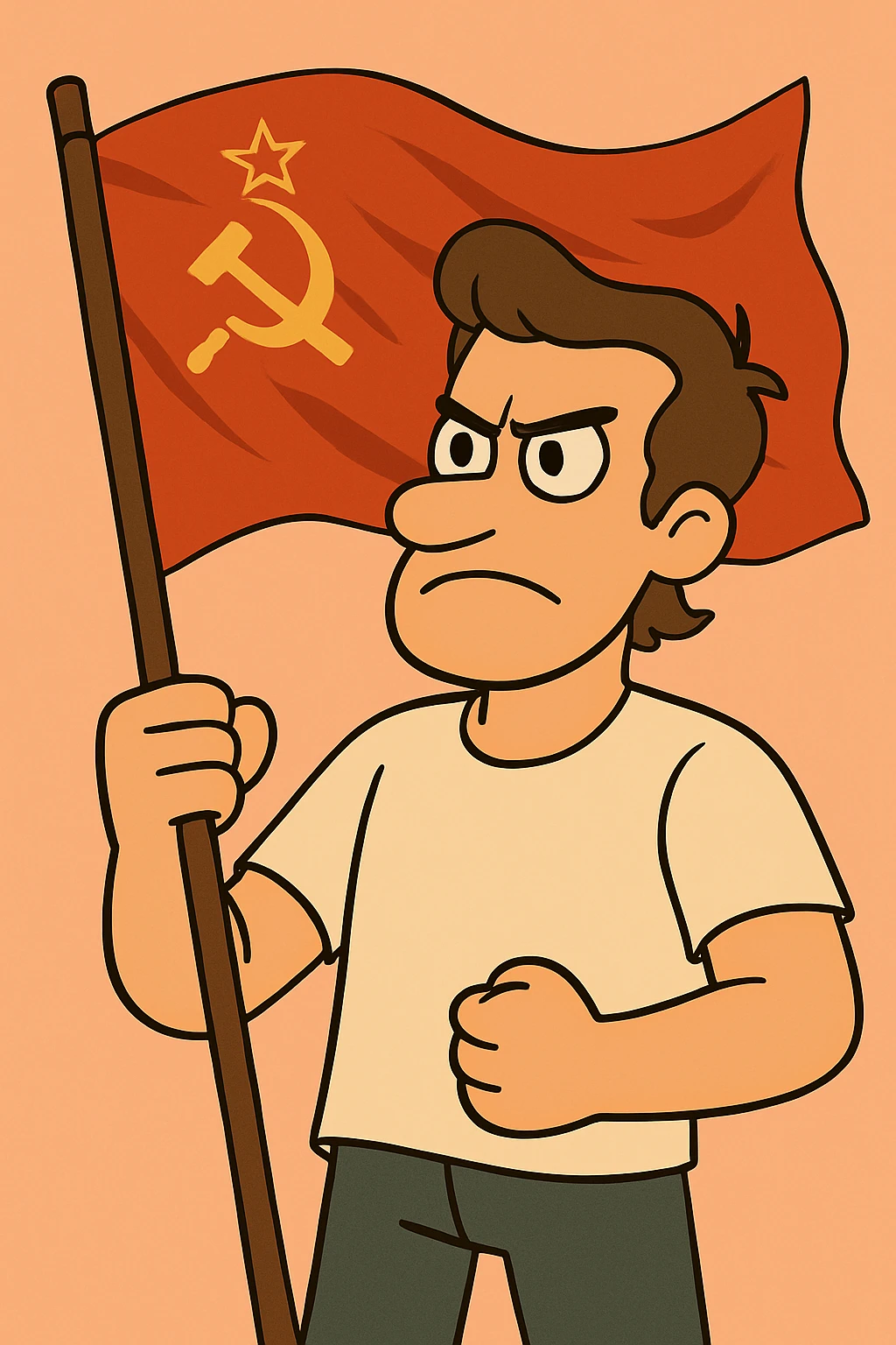 Add a realistic waving effect to the Soviet Union flag, keeping the red background and gold hammer, sickle, and star, in the same flat style. Maintain the flat style look while introducing the waving effect realistically. emoji