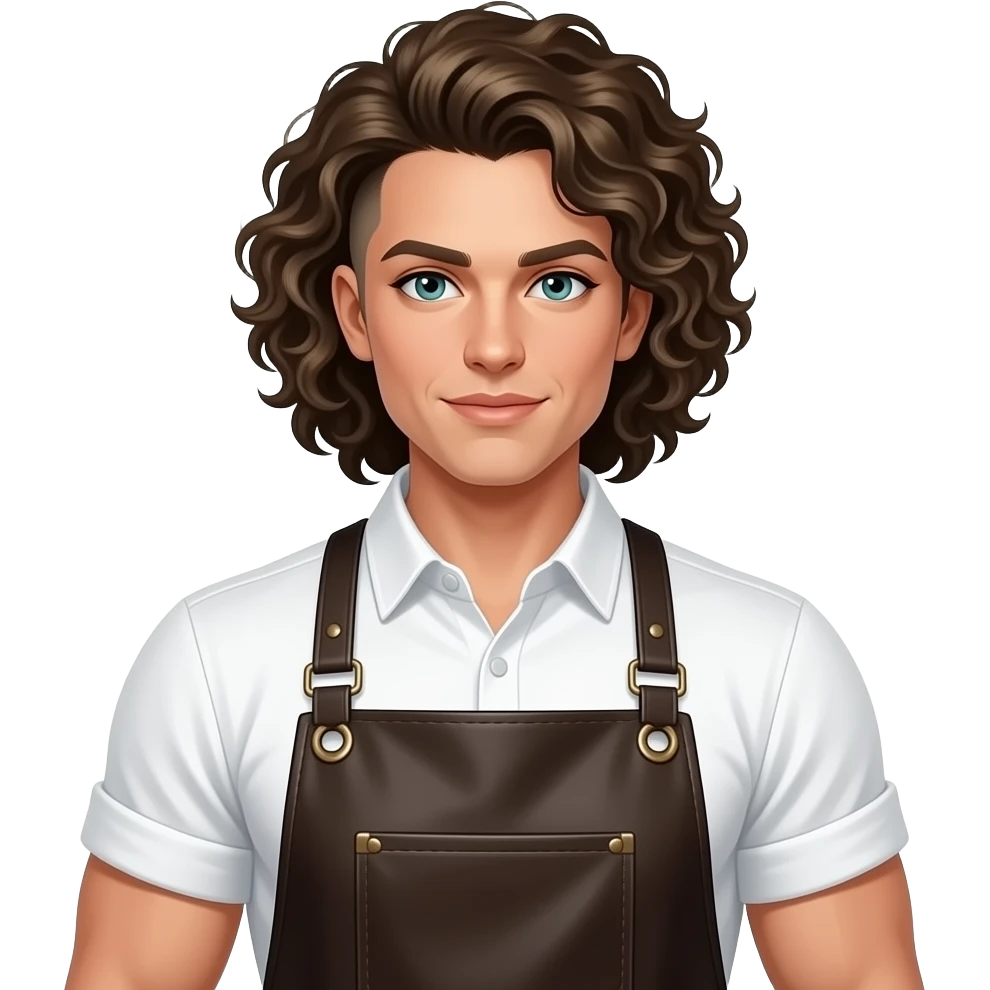 an androgynous (female) chef with an apron and dark blonde curly hair with a tight fade on the sides - androgynous  short sleeve white button up with rolled sleeves, muscles, and a leather apron. blue/green eyes emoji