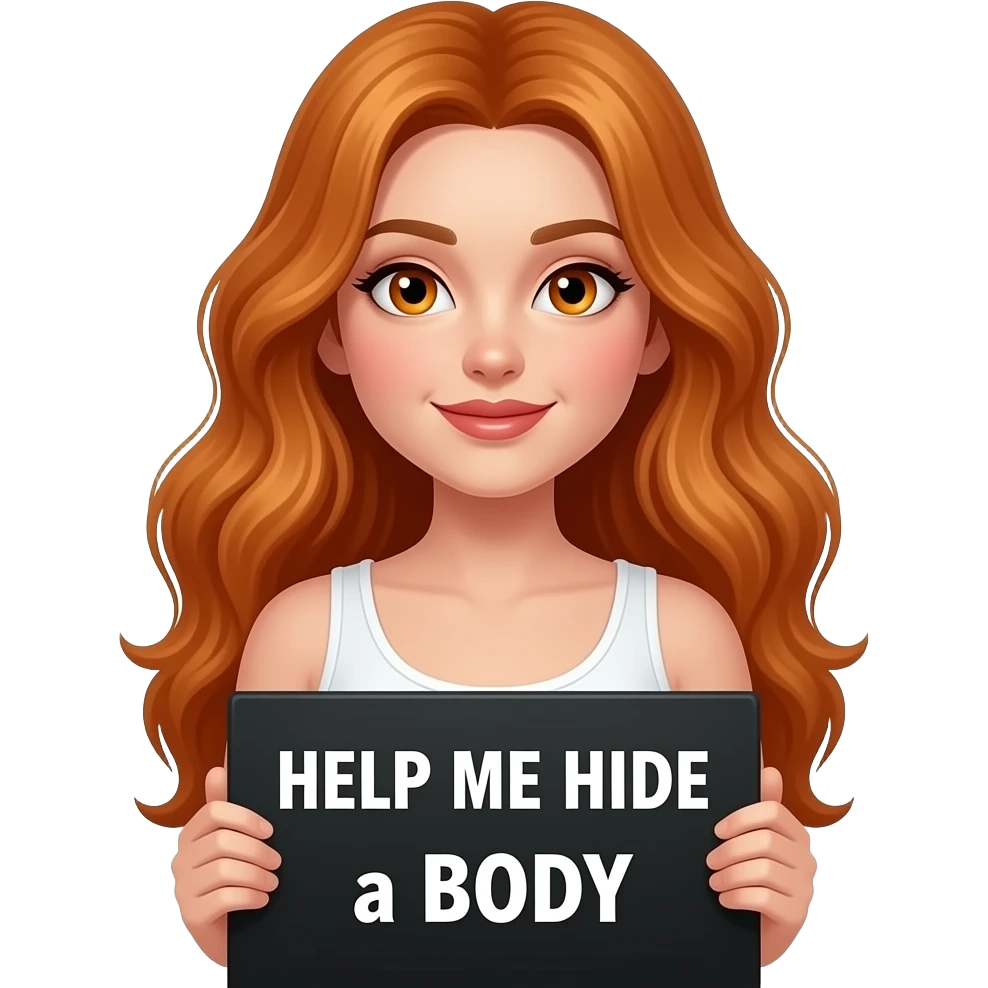 sexy girl with long wavy ginger hair and ginger eyes wearing a white tanktop is holding a black colored sign with HELP ME HIDE a BODY written on it emoji