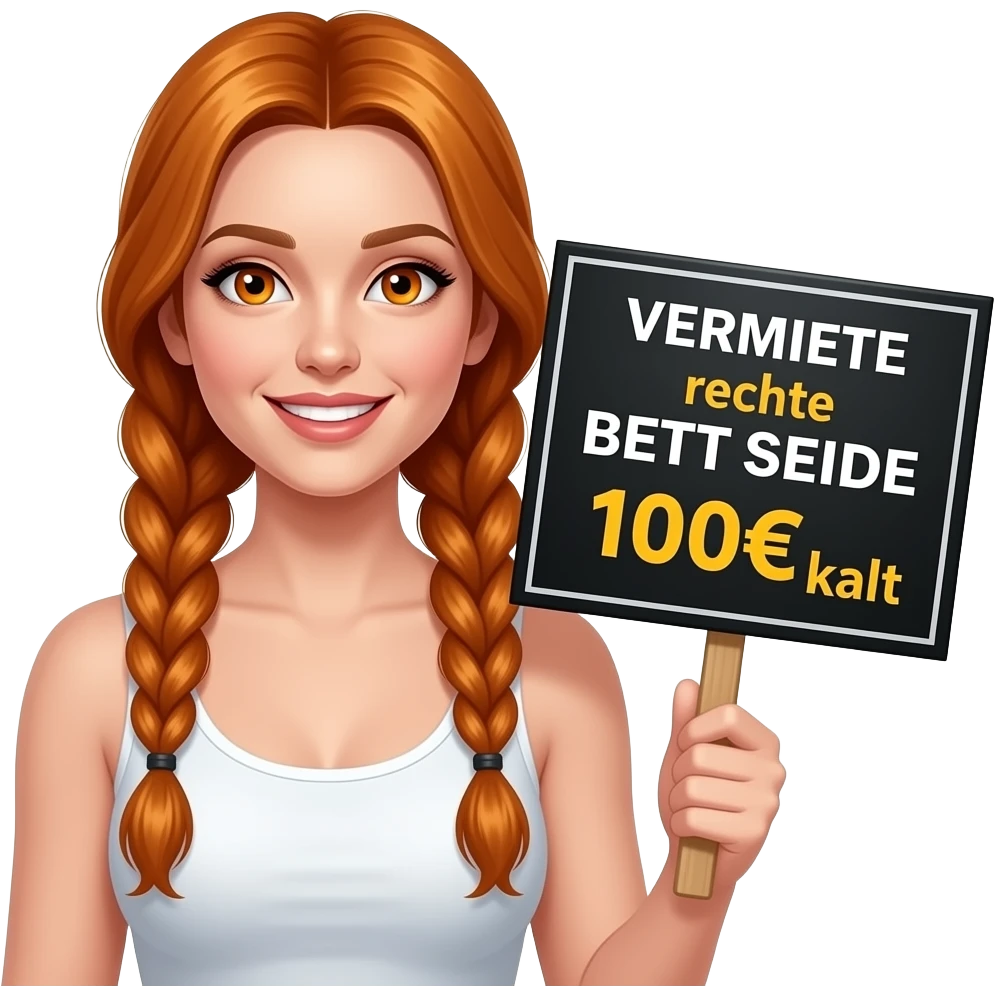 sexy girl with long ginger braids and ginger eyes wearing a white tanktop is holding a black sign with VERMIETE rechte BETTSEITE 100€ kalt written on it emoji