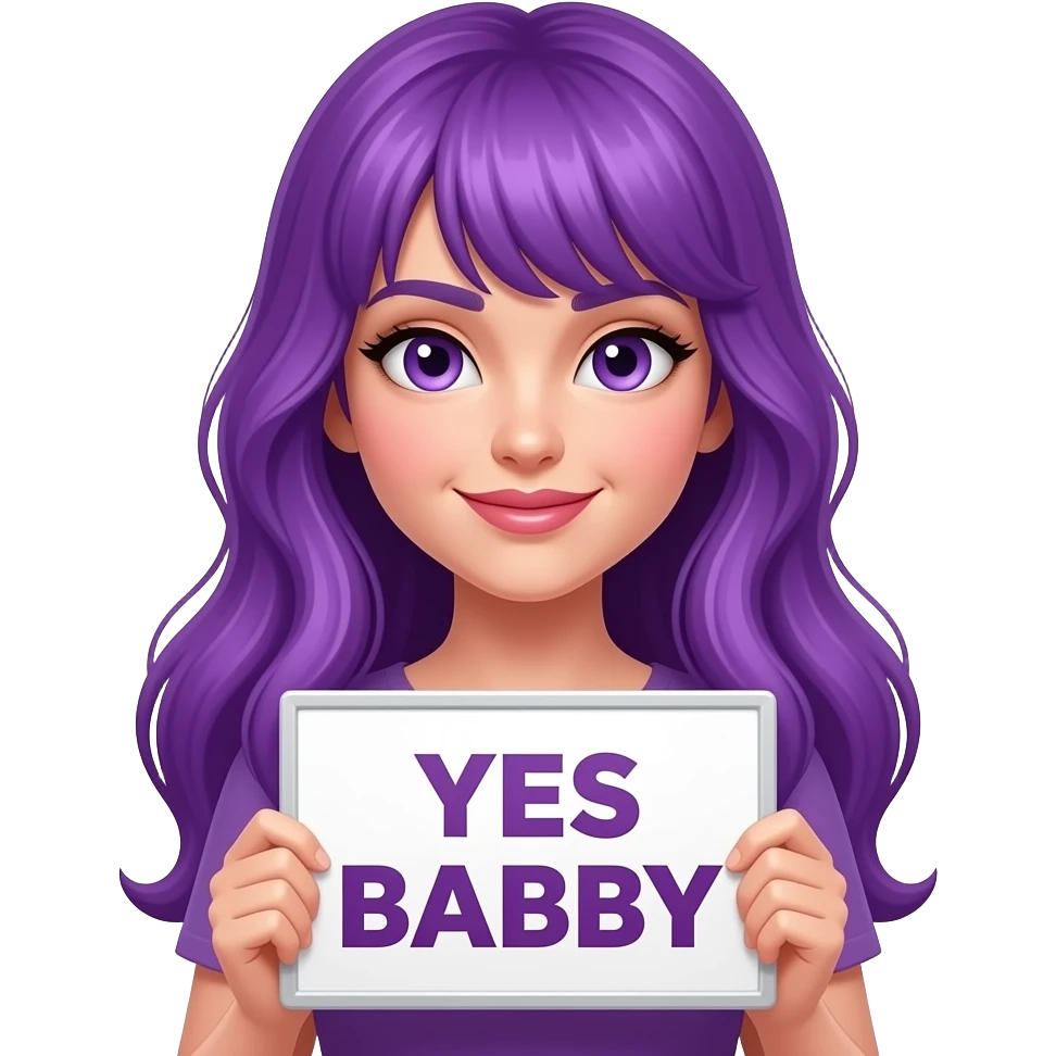sexy girl with long purple hair and purple eyes holding a YES BABY sign emoji