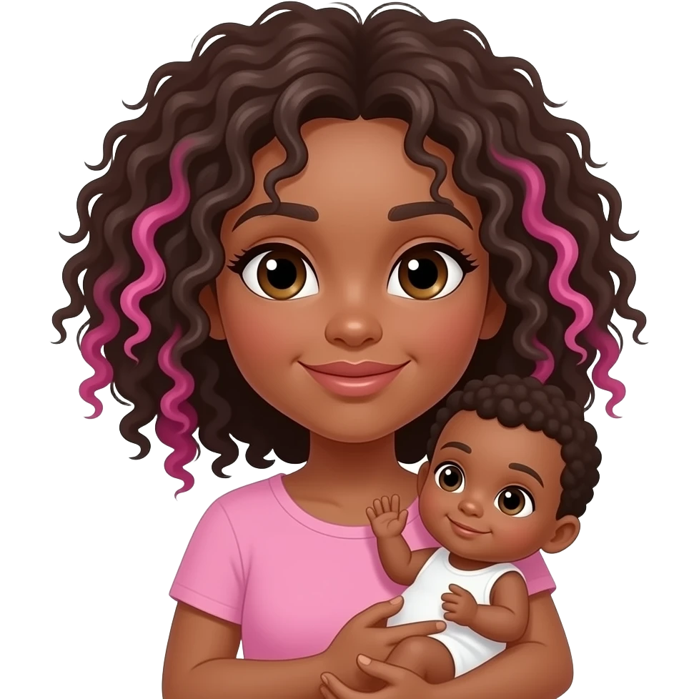 Curly hair with pink highlights, woman with brown skin holding baby with brown skin, big eyes emoji