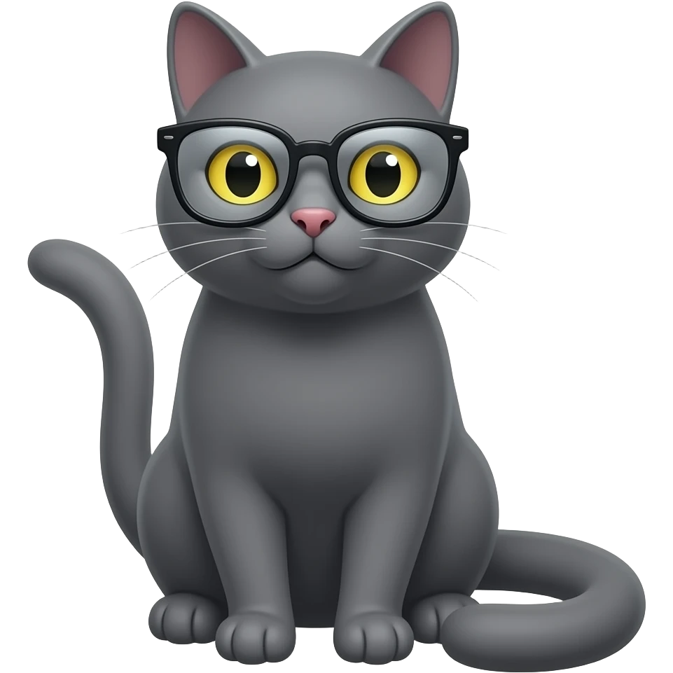 solid grey cat, yellow eyes, with reading glasses emoji