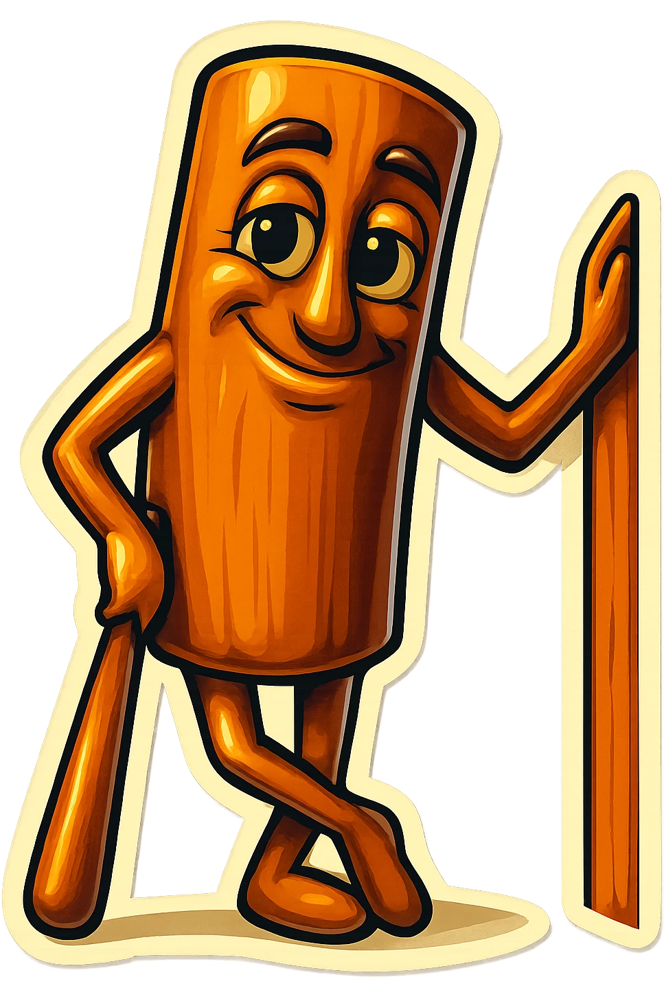 Create a clean, sharp emoji-style illustration of a cinnamon stick character, matching the pose and expression from the reference image, with a transparent background. emoji