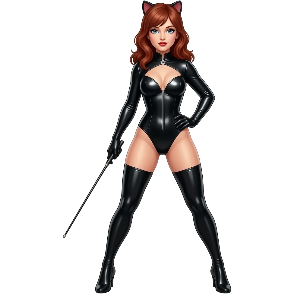 woman in a catsuit with a riding crop standing with her legs apart emoji