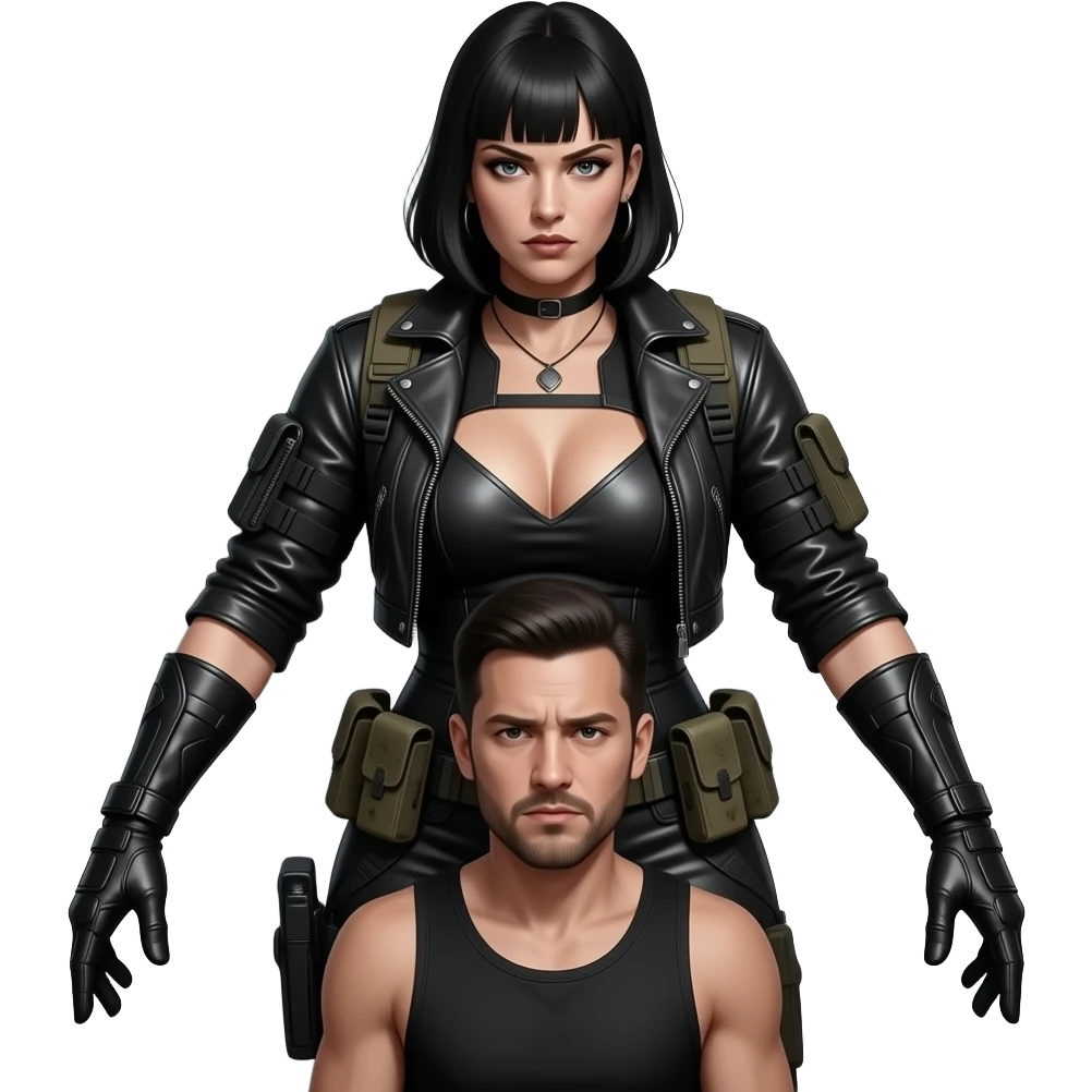 A femdom woman in heavy, weathered leather and tactical gear looms over a submissive man. The lighting is harsh and singular, casting long, oppressive shadows. Focus on the contrast between her cold, unwavering dominance and his breathless, total surrender. emoji