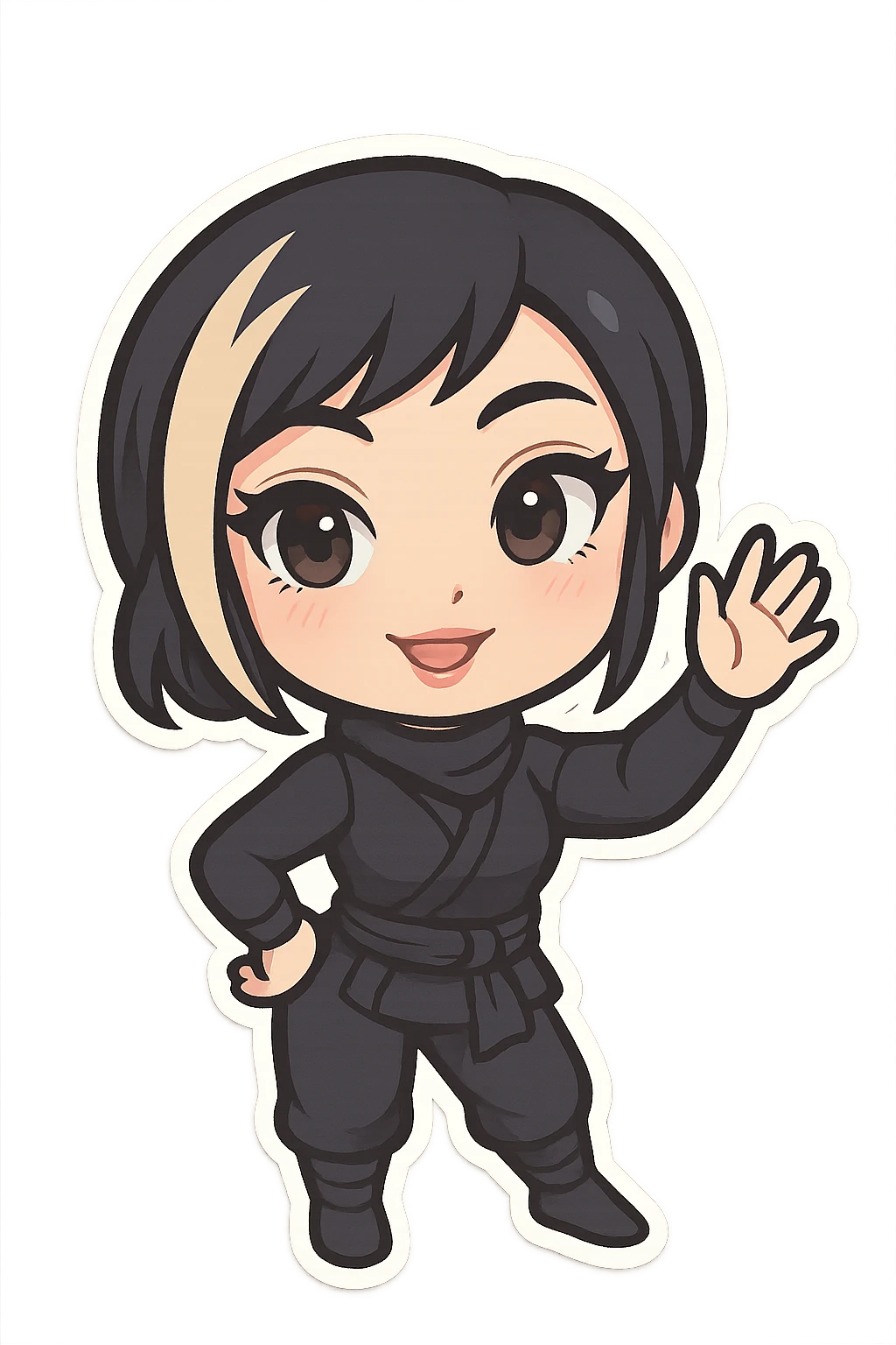 Chibi ninja girl with black short hair and a blonde streak, big head, small body and arms, not overly round or infant-like, cute and playful, anime-style face with large expressive eyes, small nose and mouth, subtle blush, hand fully raised, waving to the right, smiling, pastel colors, soft shading, clean outlines, no mask, transparent background, face looks sexy with slightly parted lips, confident gaze, longer lashes, subtle contouring, for animation frame 2 emoji