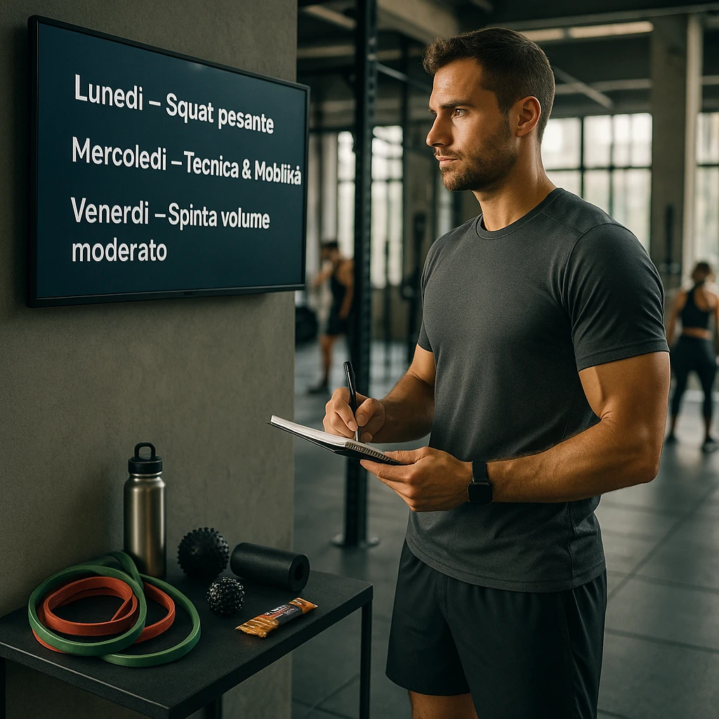 Sporty 30-year-old man in a modern gym, near a digital screen with a weekly plan in Italian: 'Lunedì – Squat pesante', 'Mercoledì – Tecnica & Mobilità', 'Venerdì – Spinta volume moderato'. He looks at the plan with concentration, wearing technical sportswear, holding a pen and notebook. Around him: resistance bands, mobility tools, water bottle, protein bar. Relaxed and strong posture. Other athletes in the background. Natural light, fitness-lifestyle style, slightly cinematic. emoji