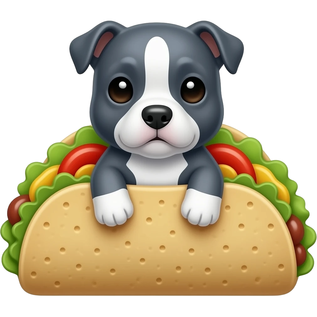 cute gdark grey blueish, white paws, staffie puppy black eyed in a taco emoji