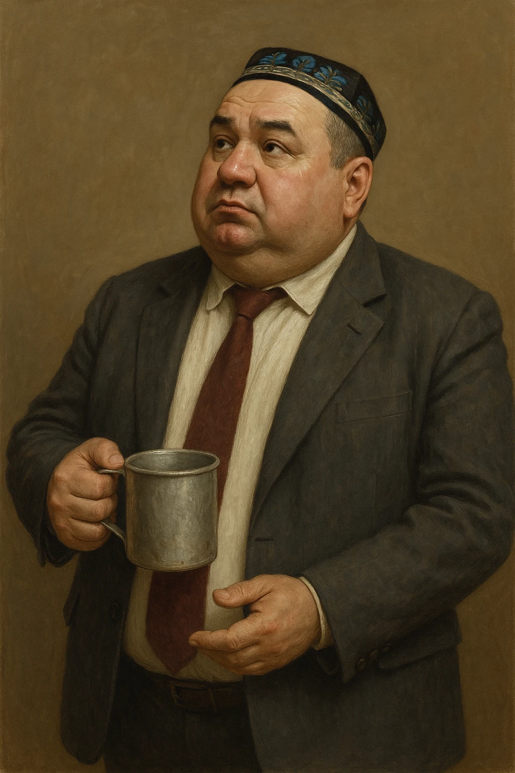 Сгенерируй мне с кружкой толстого чиновника в пиджаке и узбекской тюбитейке, он стоит как будто ждет что в кружку что то нальют, в стиле реалистичной живописи на однородном фоне. Кружка металическая советская. Он должен не обрезаться краями изображения и полностью помещаться в экран.  emoji