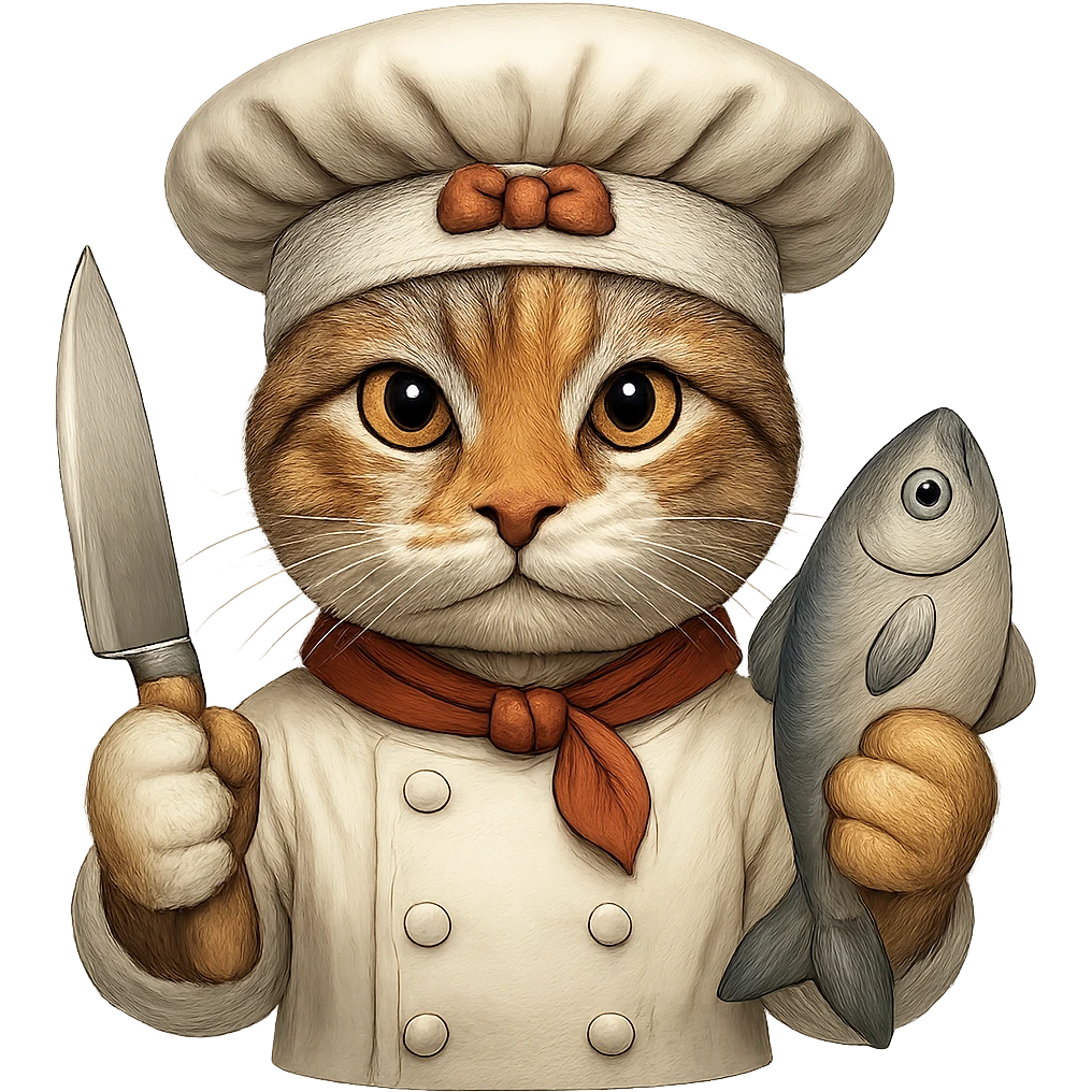 Make the cat chef normal cat colors, but keep the earring gold. The cat is holding a knife and a fish, wearing a bandana, with no background. Maintain the original style and details as much as possible. emoji