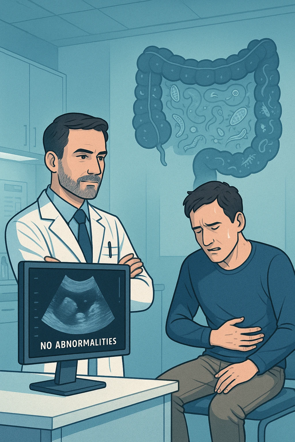 Medico in camice bianco in uno studio moderno, mentre osserva una TAC o ecografia su uno schermo con espressione convinta. Accanto a lui, un paziente seduto che lamenta dolori intestinali. Sullo sfondo, un’immagine traslucida dell’intestino pieno di piccoli parassiti stilizzati (vermi, protozoi), non visibili nel monitor medico. Il monitor mostra 'nessuna anomalia', ma dietro c’è la realtà invisibile. Atmosfera clinica ma con contrasto simbolico tra 'ciò che si vede' e 'ciò che sfugge'. Colori freddi, luce ospedaliera emoji