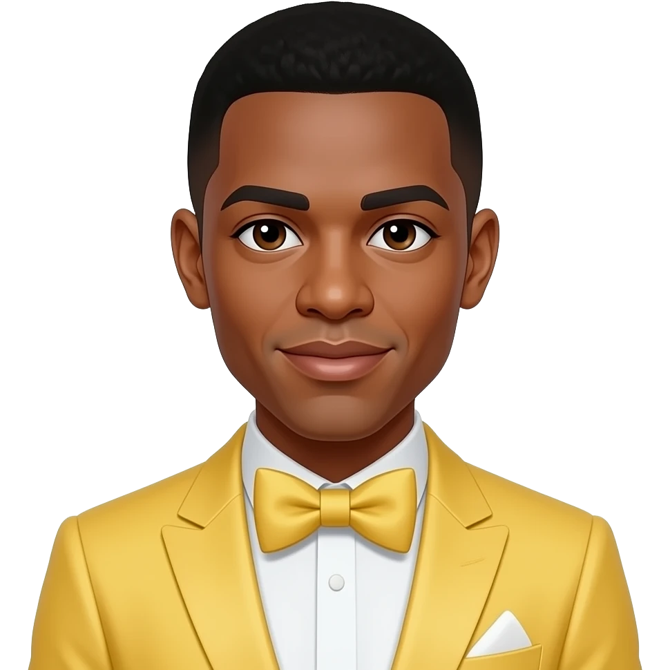 Usher with dark brown eyes, black buzz cut hair, butter yellow grammy suit with bow tie emoji