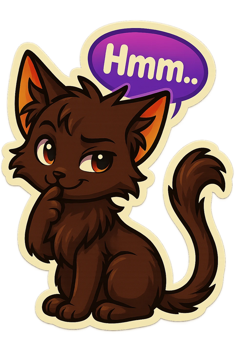 a dark-brown fluffy cute kawaii anime cat with tufted ears and a long thin tufted tail, thinking, smirking thoughtfully, saying “Hmm..” with a purple speech bubble, (cartoon style) (furry style) (deviantArt style) (artist style: Kamirah) emoji