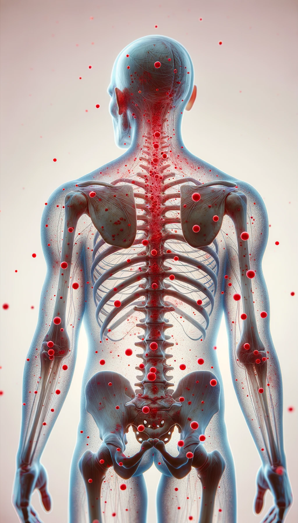 CORPO UMANO ANATOMICO CON RED SPOT DI INFIAMMAZIONE SPARSI SUL CORPO, SFONDO CHIARO, iperrealistico 4k emoji