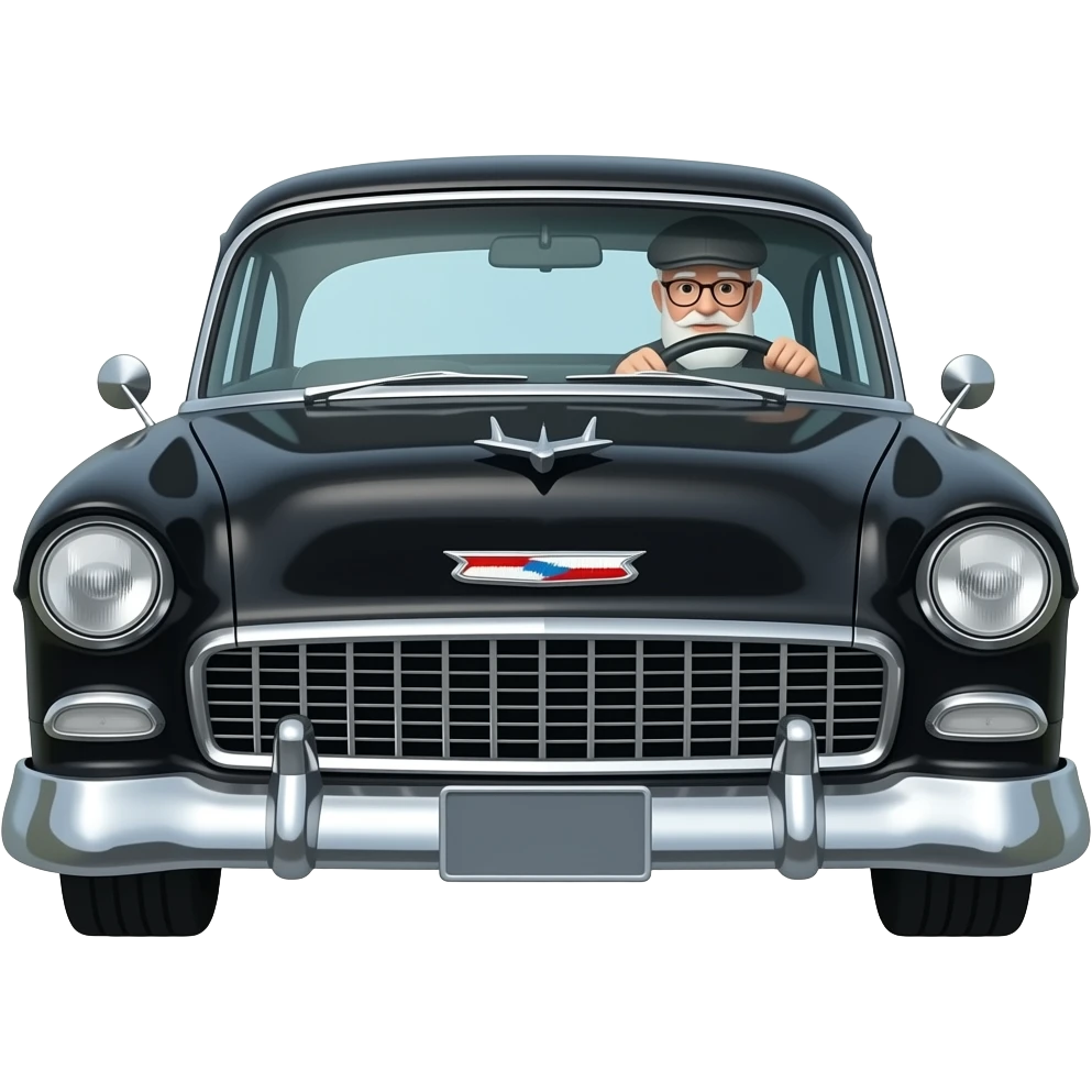 OLD MAN WITH  NO FACIAL HAIR GLASSES AND FLAT CAP DRIVING BLACK 1955 CHEVY WITH emoji