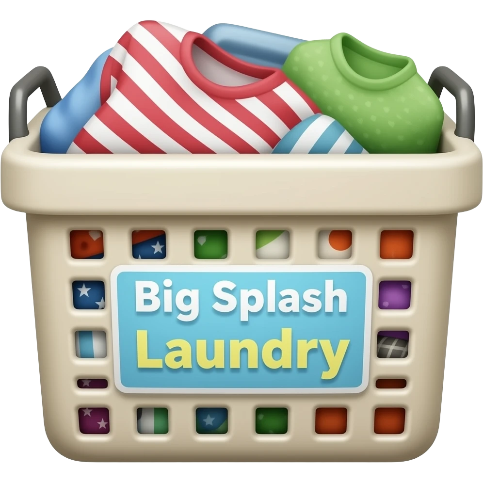laundry basket with clothes in it and name Big Splash Laundry emoji