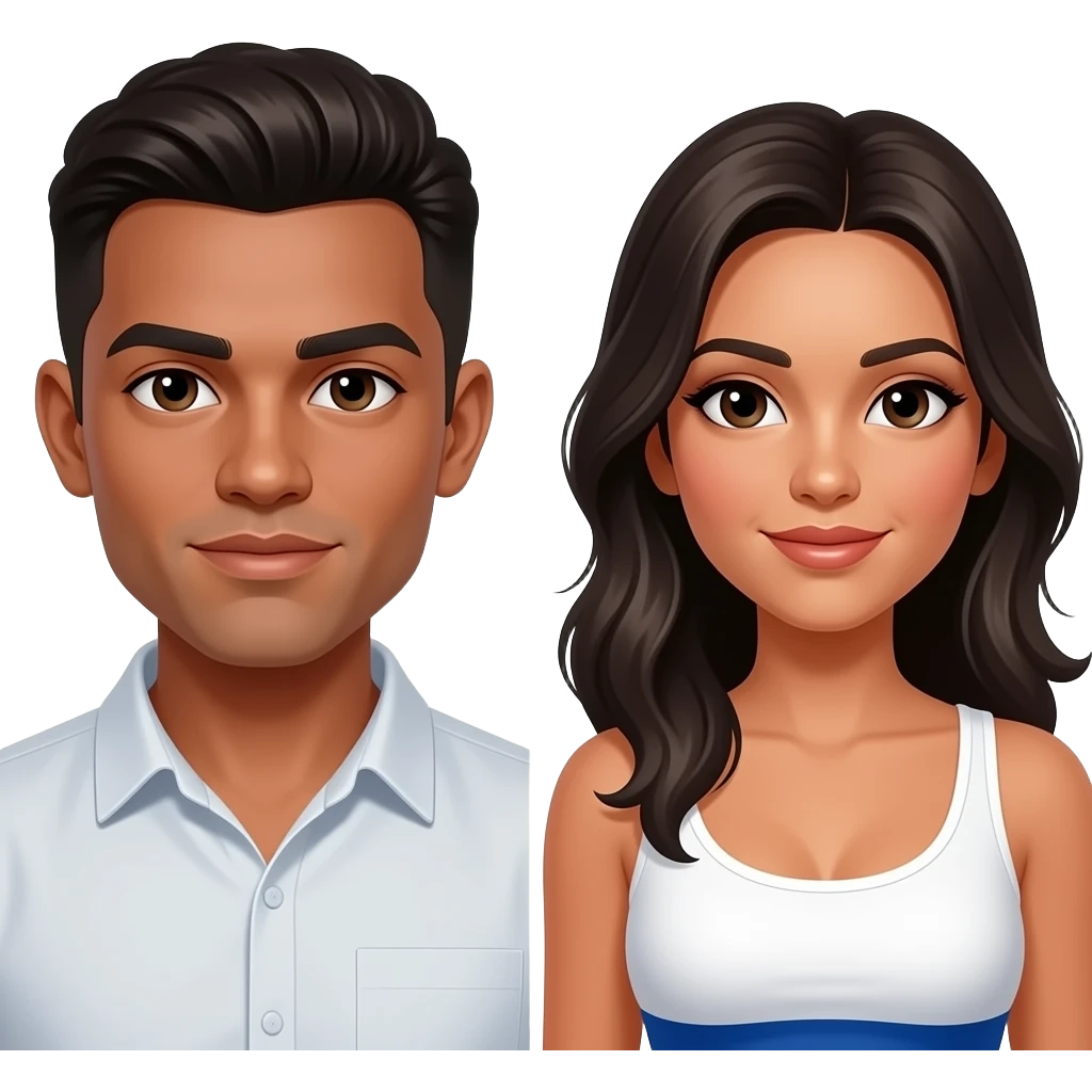 Blank male with brown skin and short hair with a Columbian well built woman with look hair and prey eyes emoji