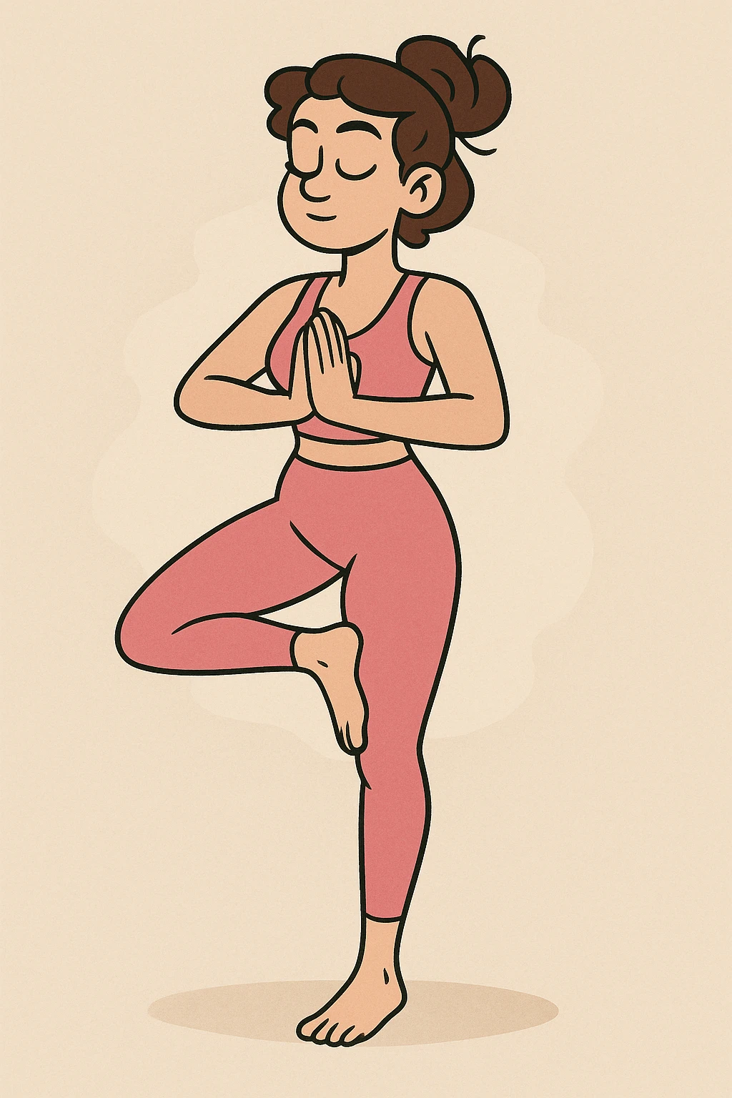 woman in a pink yoga outfit holding a yoga pose, minimal background, calm and focused expression emoji