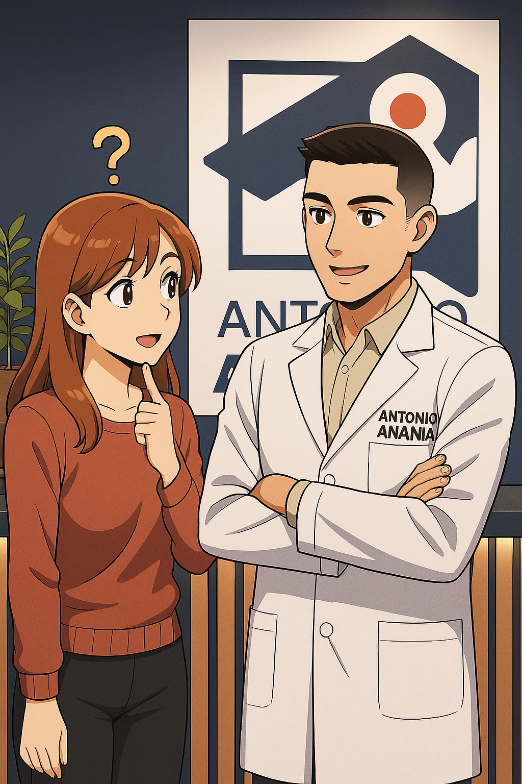 su questo stile fai un manga/webtoon a colori in cui una donna incuriosita fa una DOMANDA ALL'UOMO, l'uomo della foto in stile manga LE risponde, mantieni un ambiente simile alla foto che ho allegato con il suo logo (sarebbe il suo studio, lui è un kinesiologo), scrivigli "ANTONIO ANANIA" sul camice bianco, non mettere fumetti, ma fai in modo che sembri che la donna CHIEDA curiosa E L'UOMO le risponda emoji