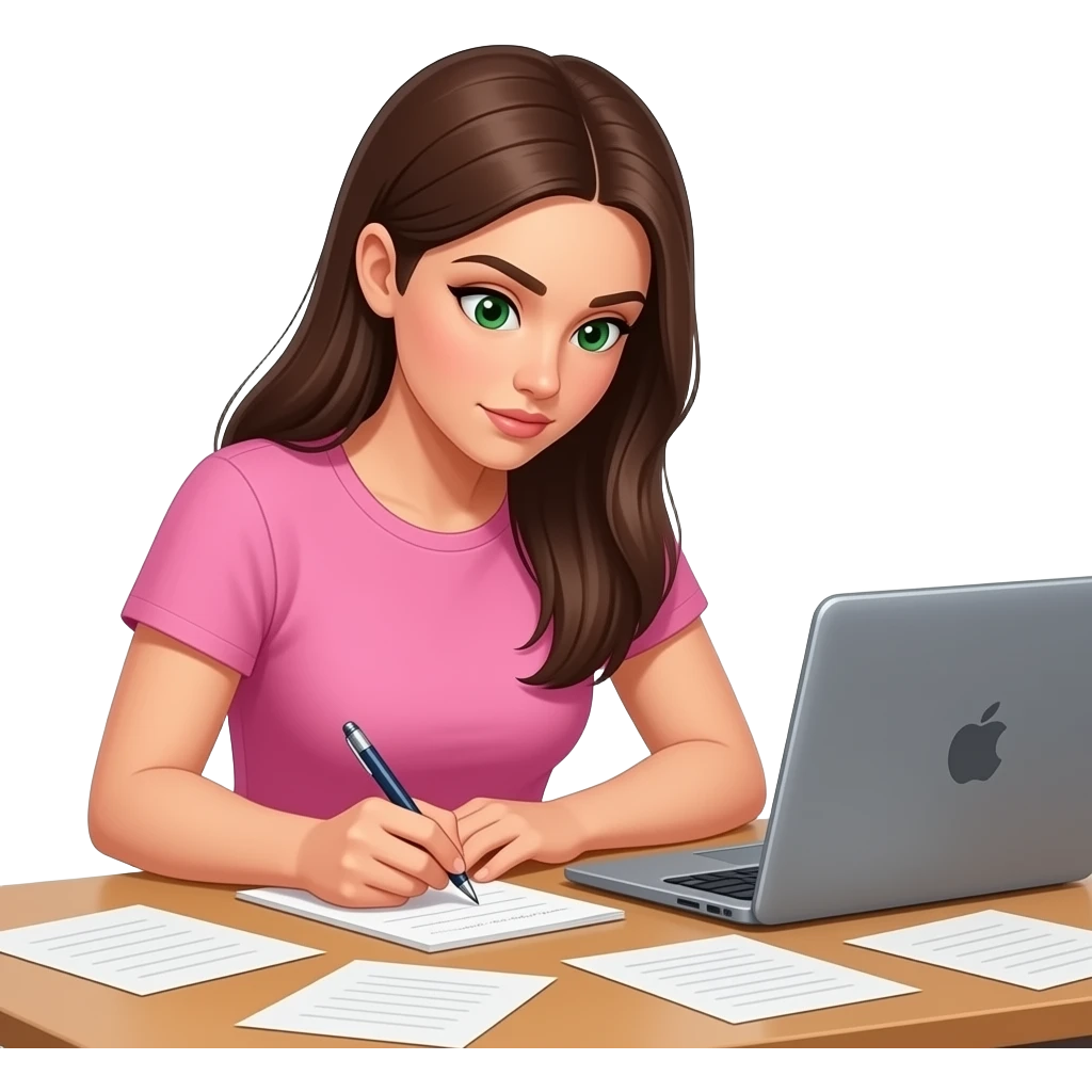 a brunette with long straight hair with green eyes writing down notes with a lot of pieces of paper around her scattered everywhere on the table (at least 5 pieces of paper in a very disorganized way and a laptop in front of her and shes very focused) and she has a pink short sleeve top emoji