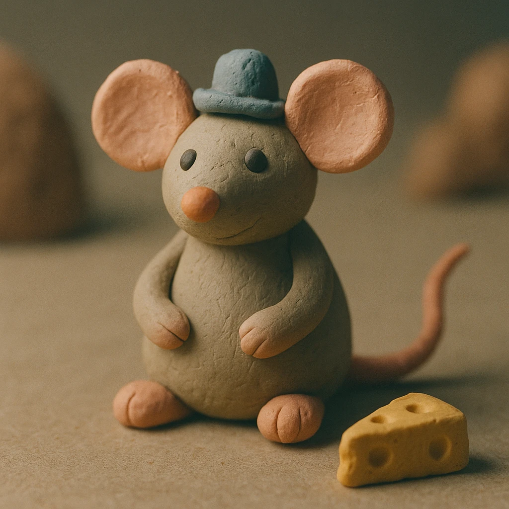 A mouse in claymation style with a matte, plasticine texture, visible fingerprints, and pastel colors, wearing a tiny hat. emoji