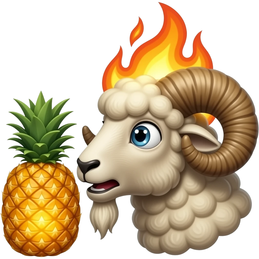 A ram   really shocked at a pineapple make the ram's head go on fire, make the pineapple glow and make it side view(only the head of the ram) emoji