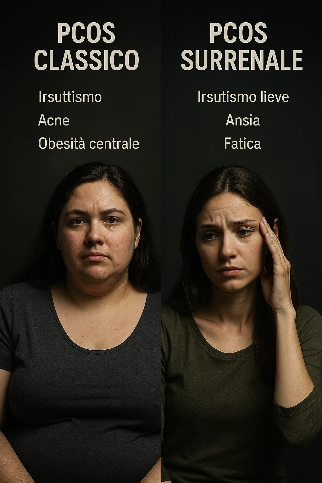 Immagine verticale realistica e cinematografica in italiano: confronto tra donna con PCOS classica e donna con PCOS surrenalica, evidenziando le differenze nei sintomi e nei segni fisici. Luci cliniche drammatiche. Didascalie in italiano. Aspect ratio 2:3. emoji
