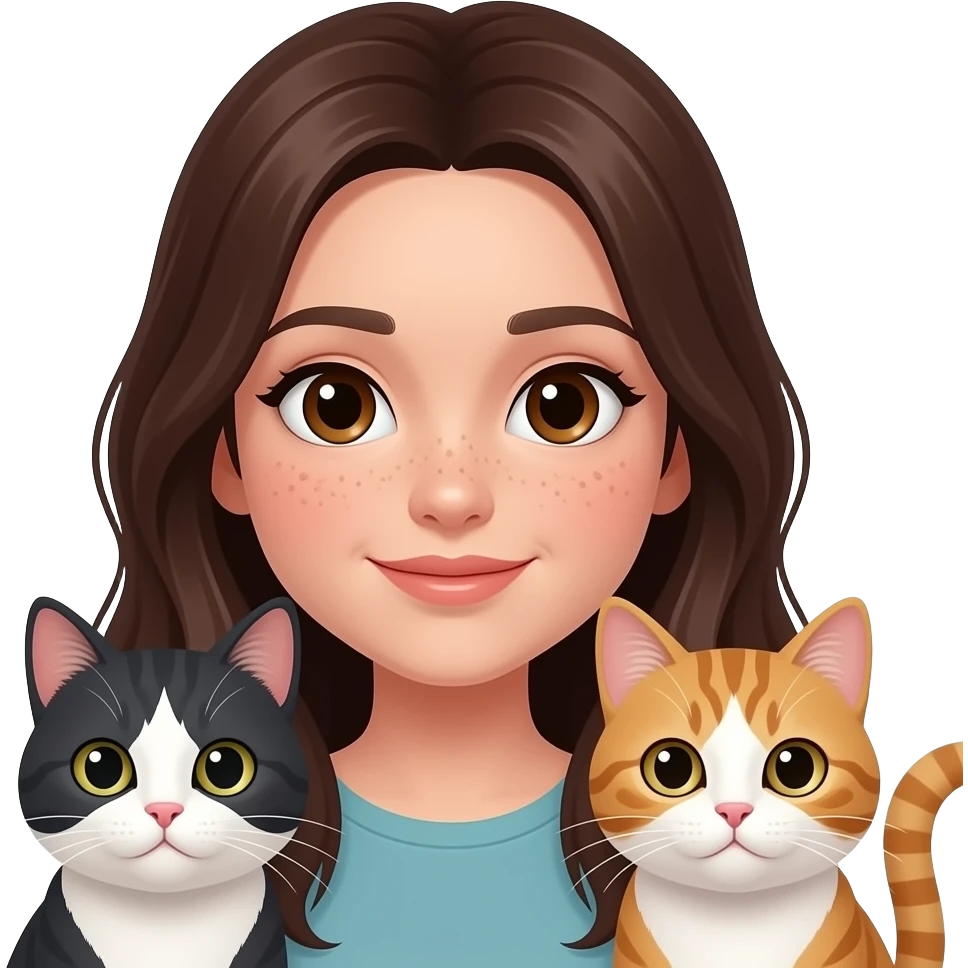 brunette girl with brown eyes and freckles long dark brown hair with two cats emoji