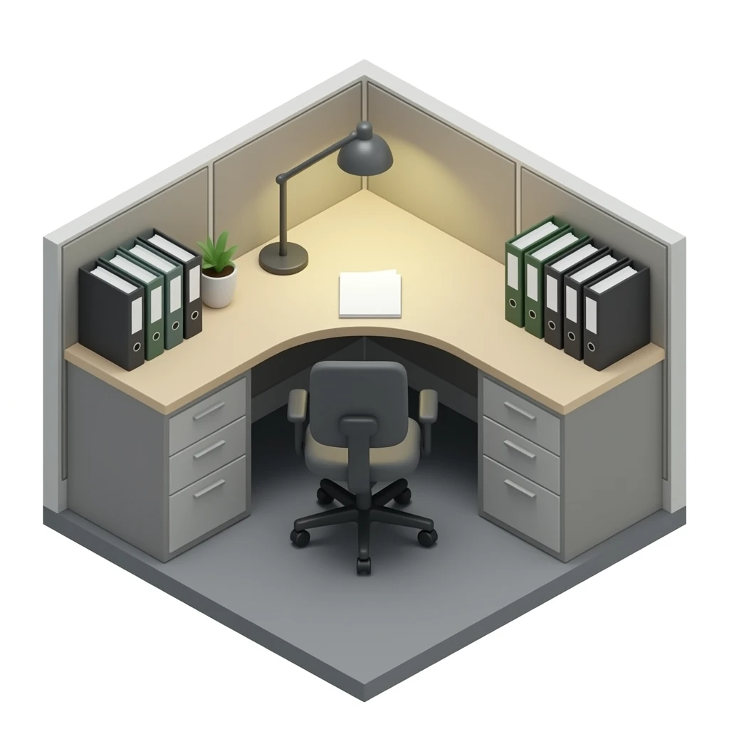 Apple-style 3D emoji icon, cubicle desk with file cabinets at 45° isometric angle, desk lamp on, office chair, clear workspace, other than 1 file, rounded shapes, soft gradients, iPhone emoji aesthetic, high-resolution PNG, grays and blacks and whites emoji